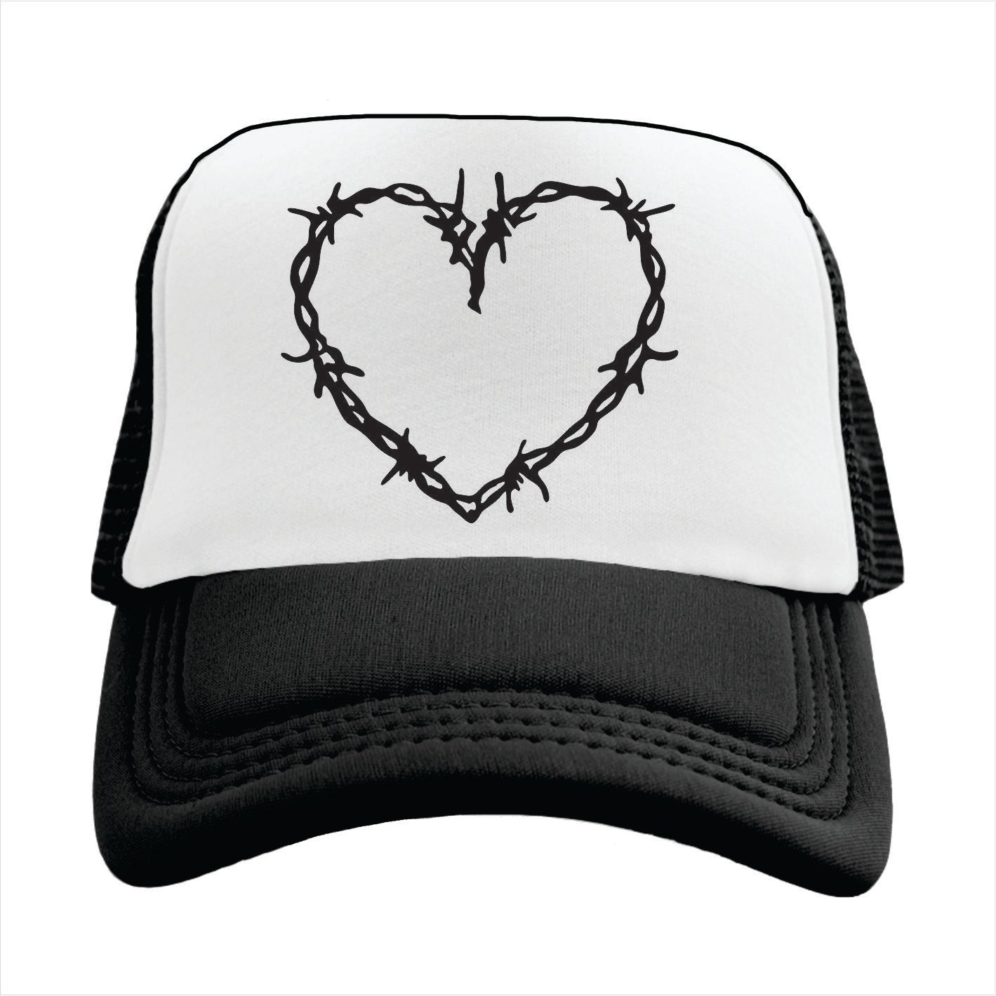 Black and white trucker hat cap with a heart made of barbed wire design on a white background