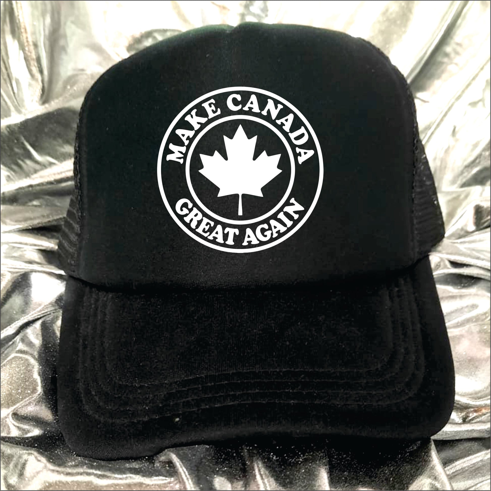 Black trucker hat cap with the text 'Make Canada great again'.