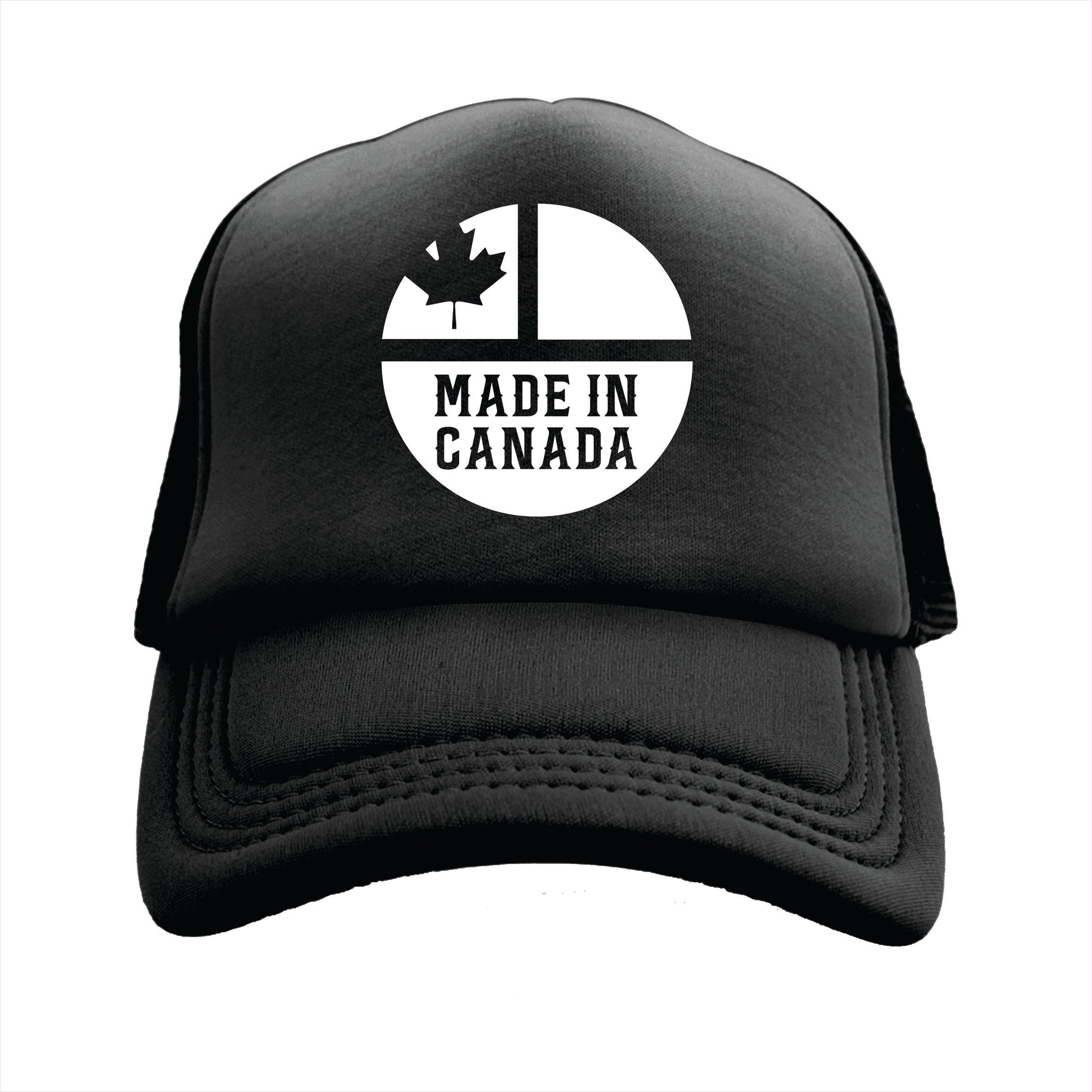 Black trucker hat cap with a 'Made in Canada' logo featuring a maple leaf.