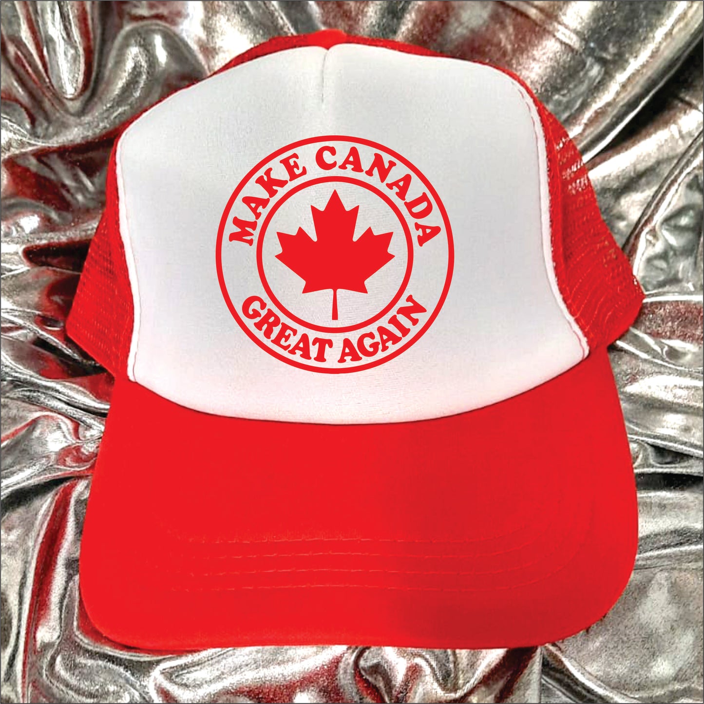 Red and white trucker hat cap with the text 'Make Canada great again'.