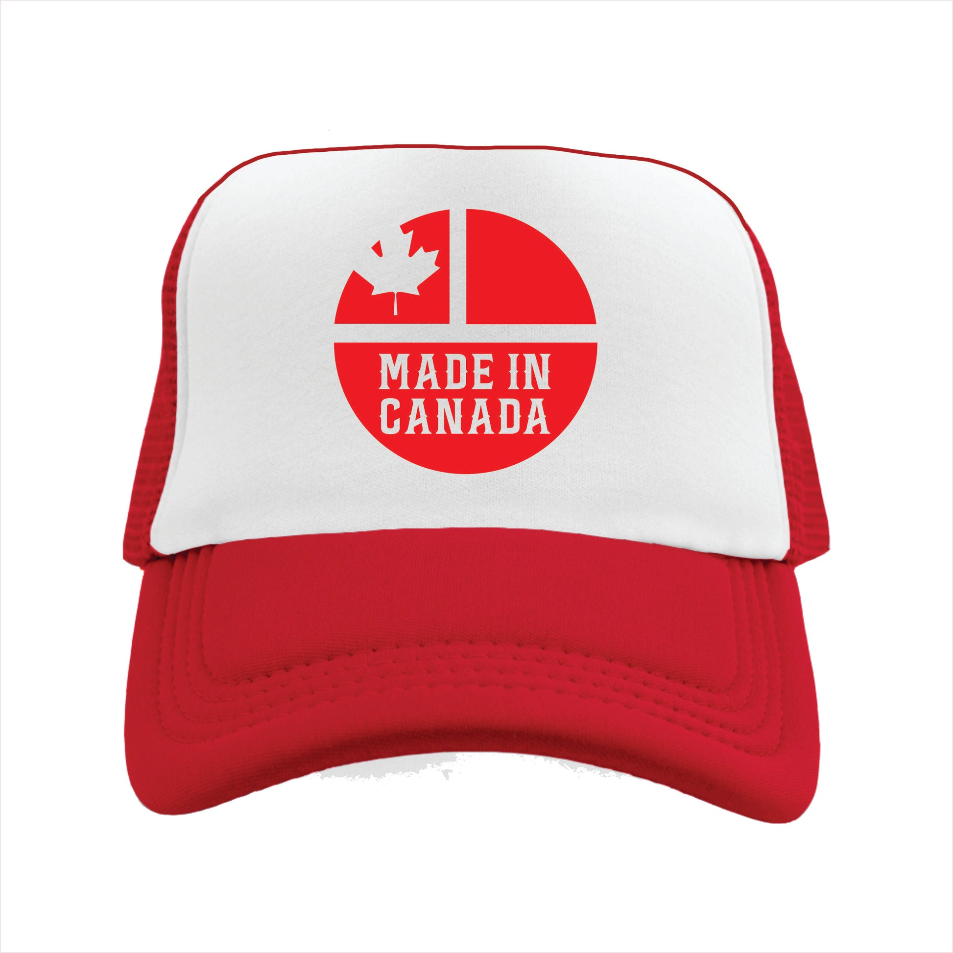 Red and white trucker hat cap with a 'Made in Canada' logo featuring a maple leaf.