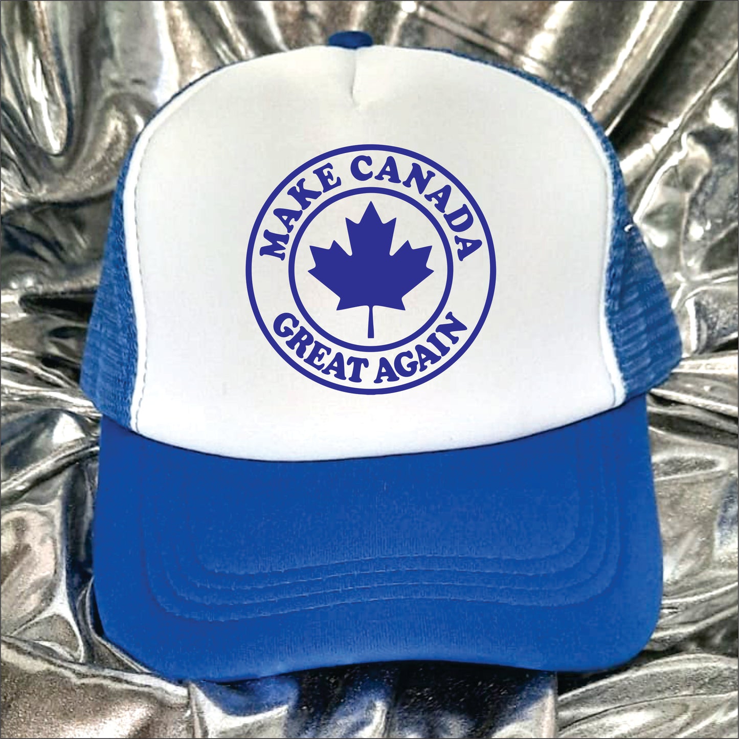 Blue and white trucker hat cap with the text 'Make Canada great again'.