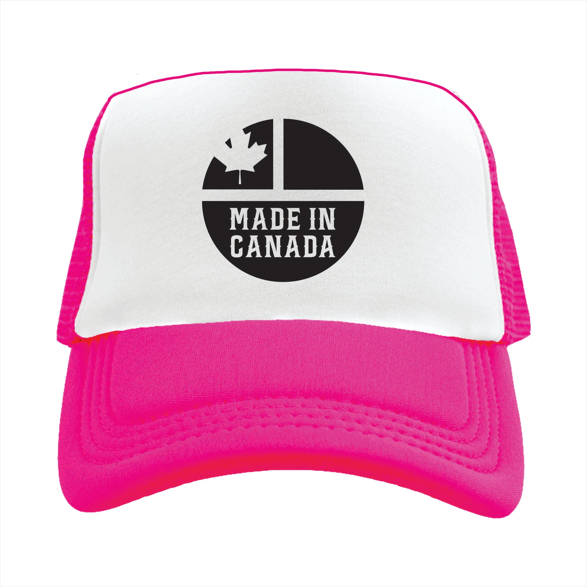 Pink and white trucker hat with a 'Made in Canada' logo featuring a maple leaf.
