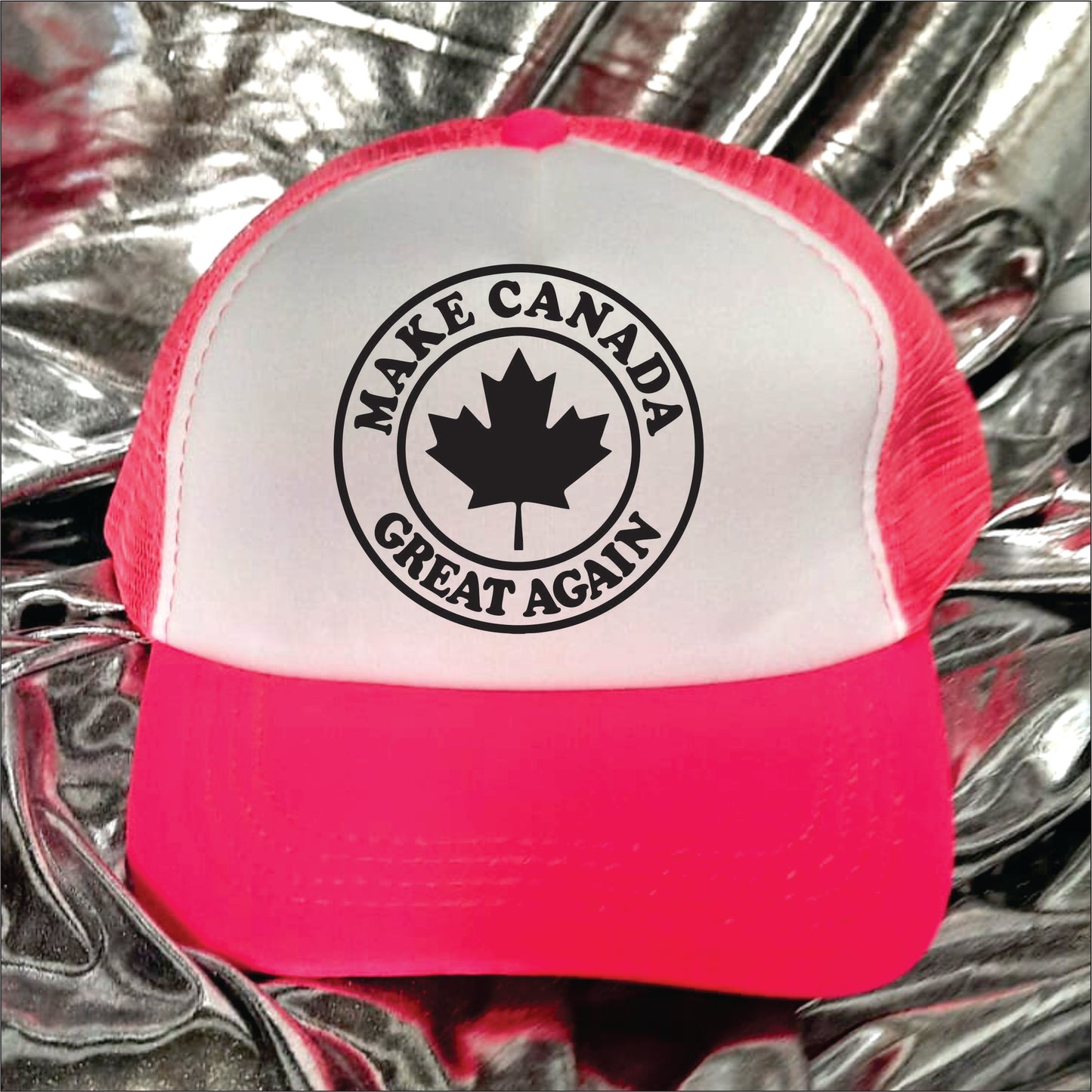 Pink and white trucker hat cap with the text 'Make Canada great again'.