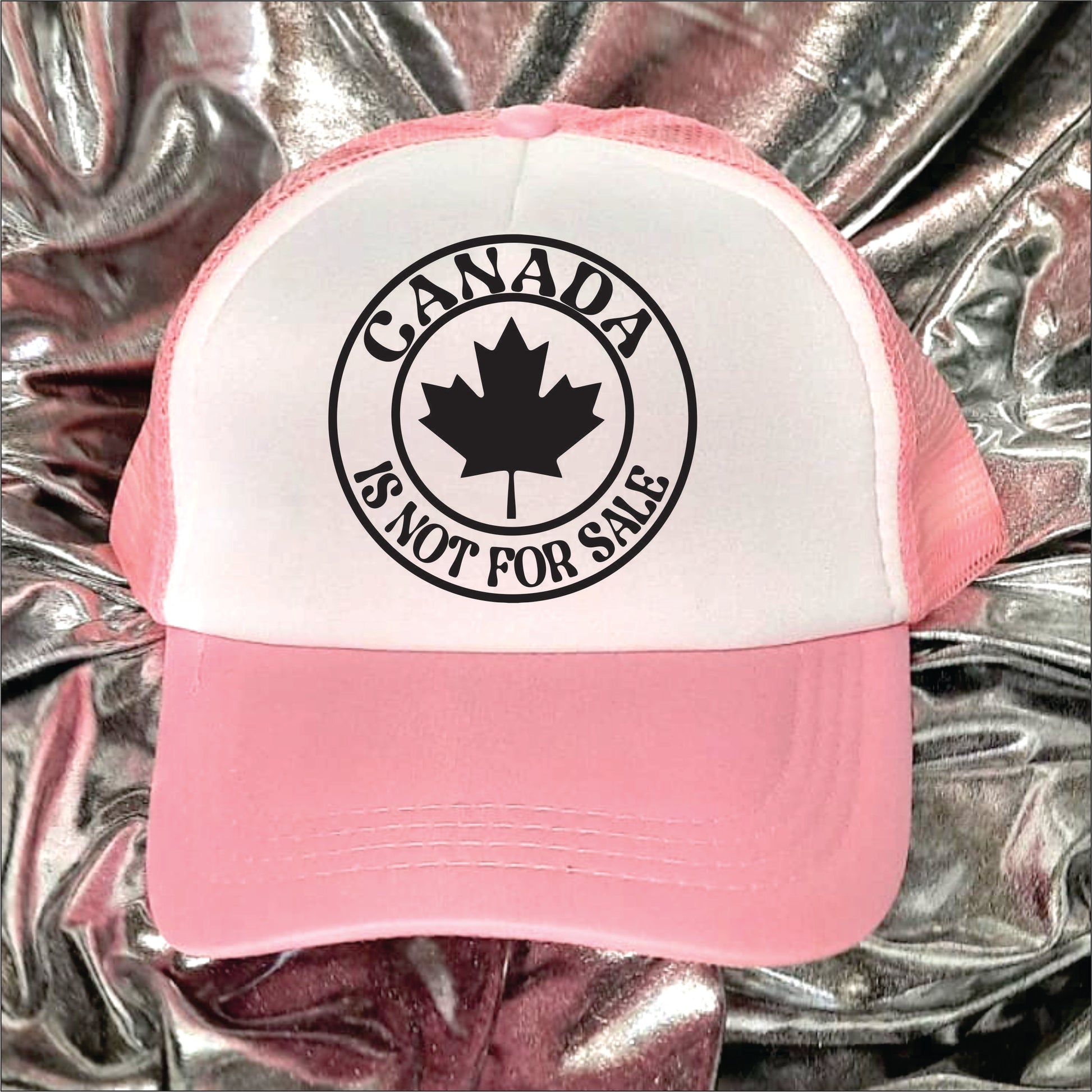 Light pink and white trucker hat cap with the text 'Canada is not for sale'.