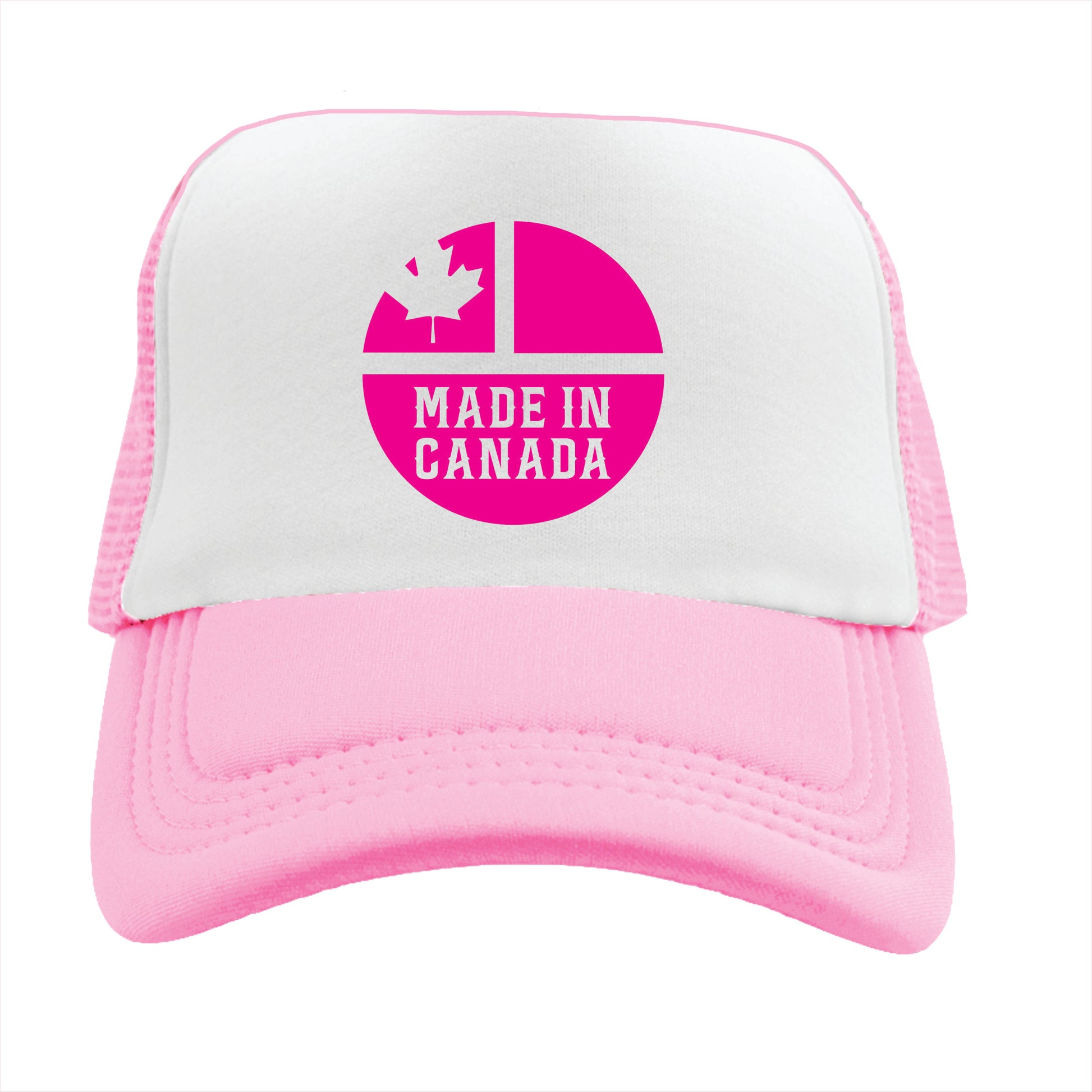 Light pink and white trucker hat cap with a 'Made in Canada' logo featuring a maple leaf.