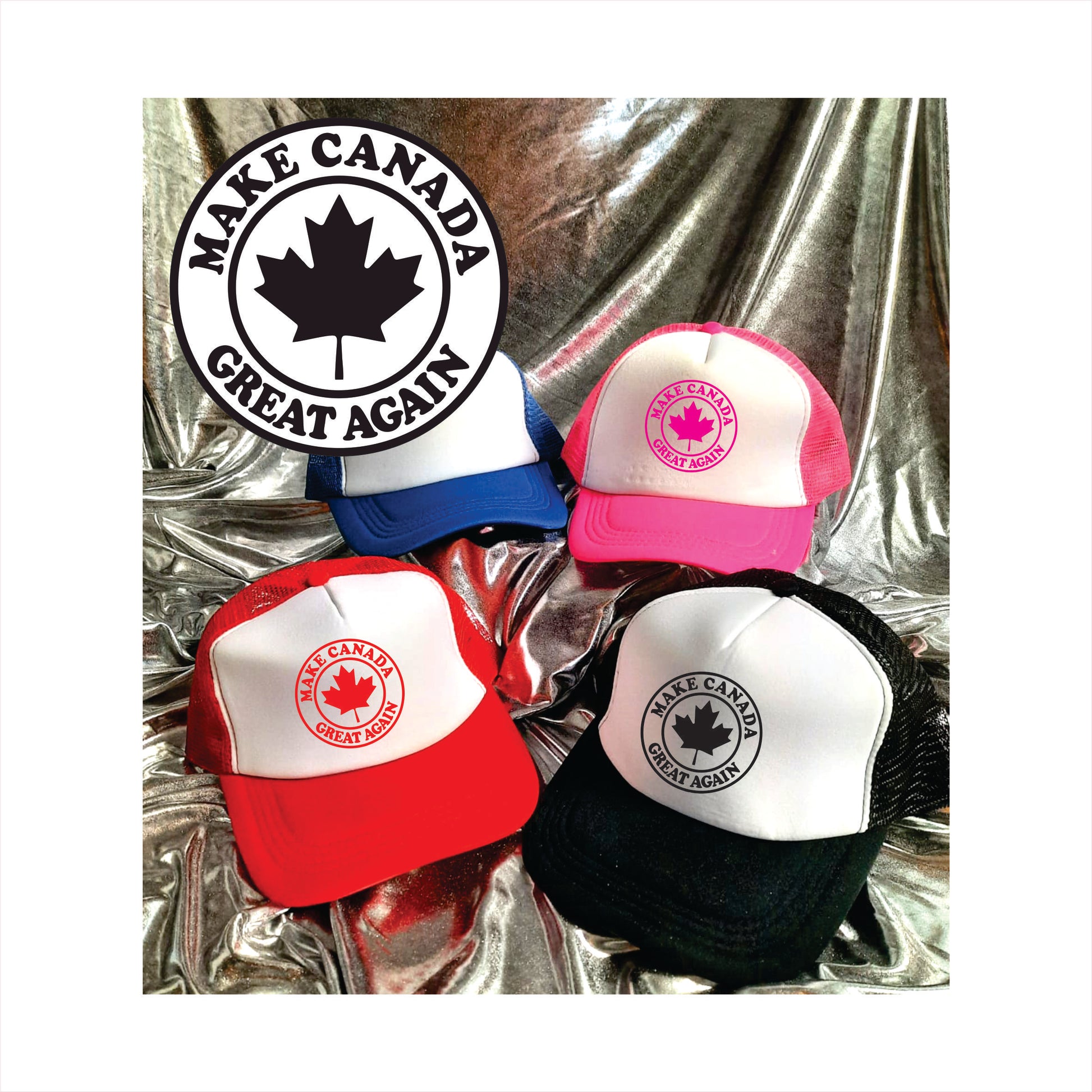 A collection of trucker hat caps with different colors and designs, including a 'Make Canada Great Again' logo.