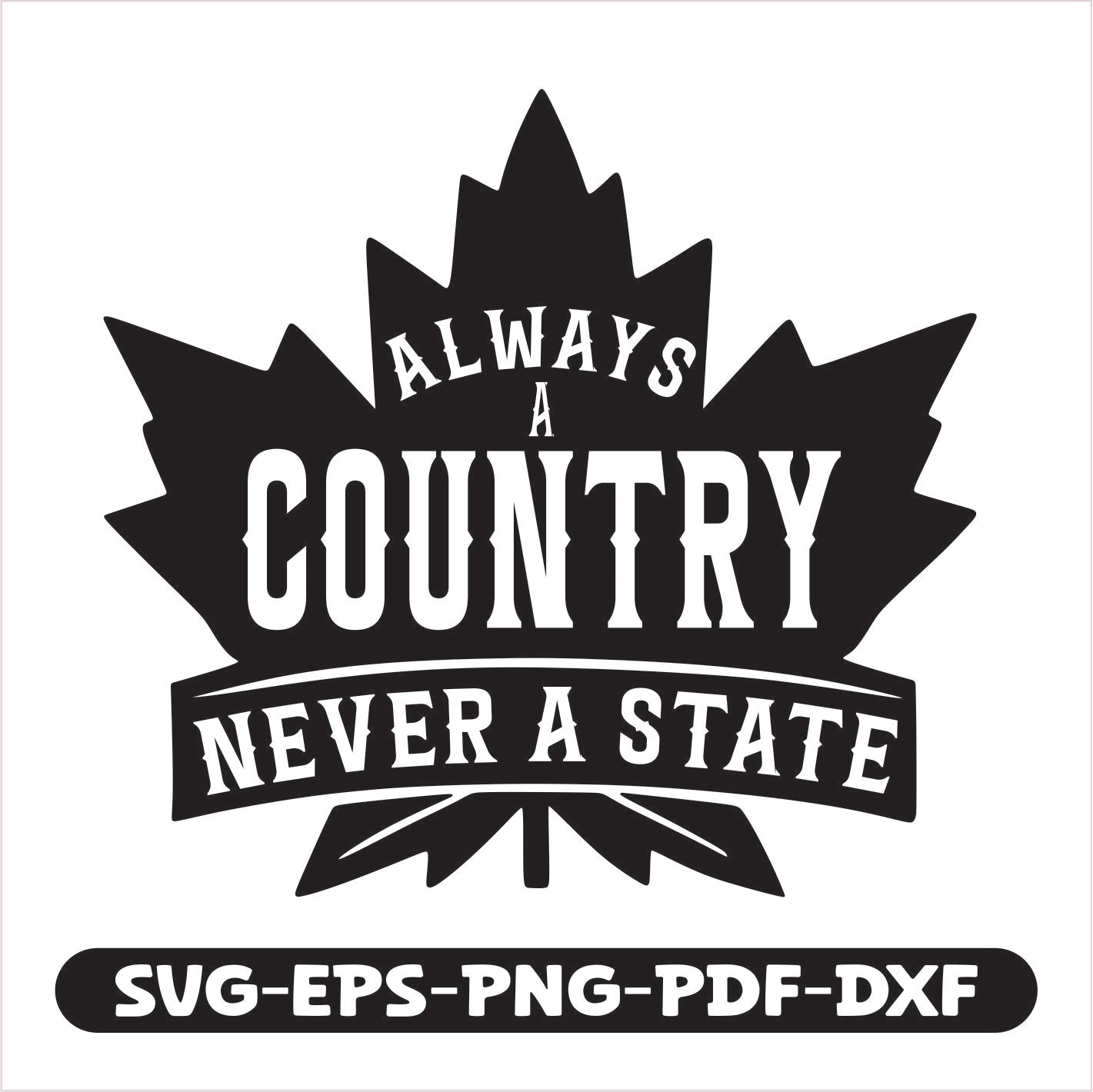 Black and white graphic with text 'Always a country, never a state' on a white background.