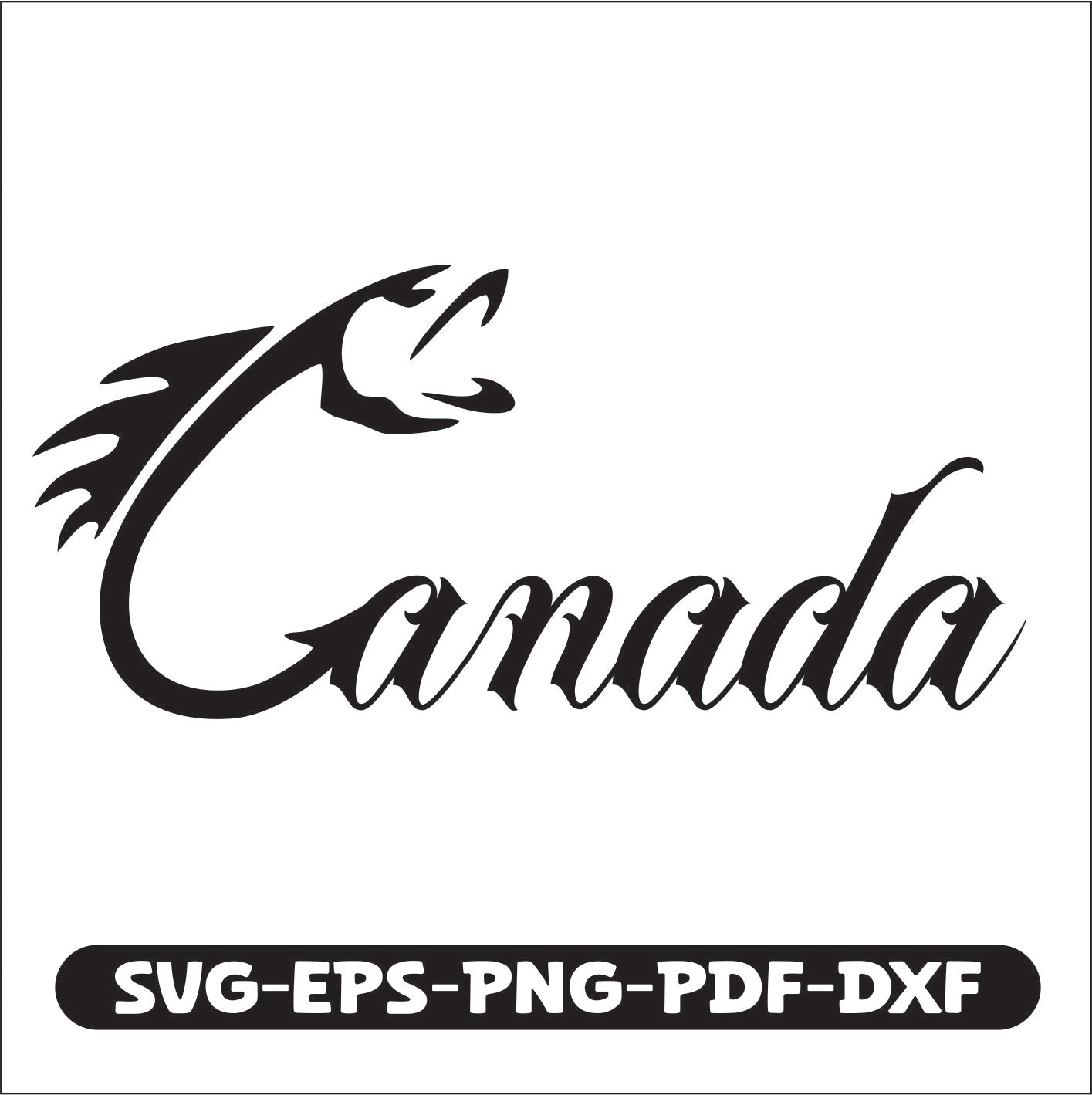 Black 'Canada' text with a stylized fish on a white background, featuring file format icons at the bottom.