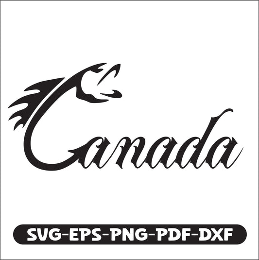 Black 'Canada' text with a stylized fish on a white background, featuring file format icons at the bottom.
