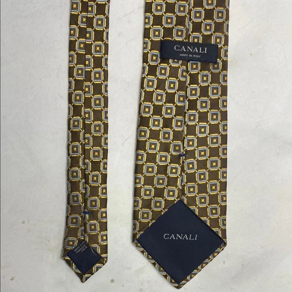 Pre-Owned Canali Brown & Gold Geometric Silk Tie - Made in Italy