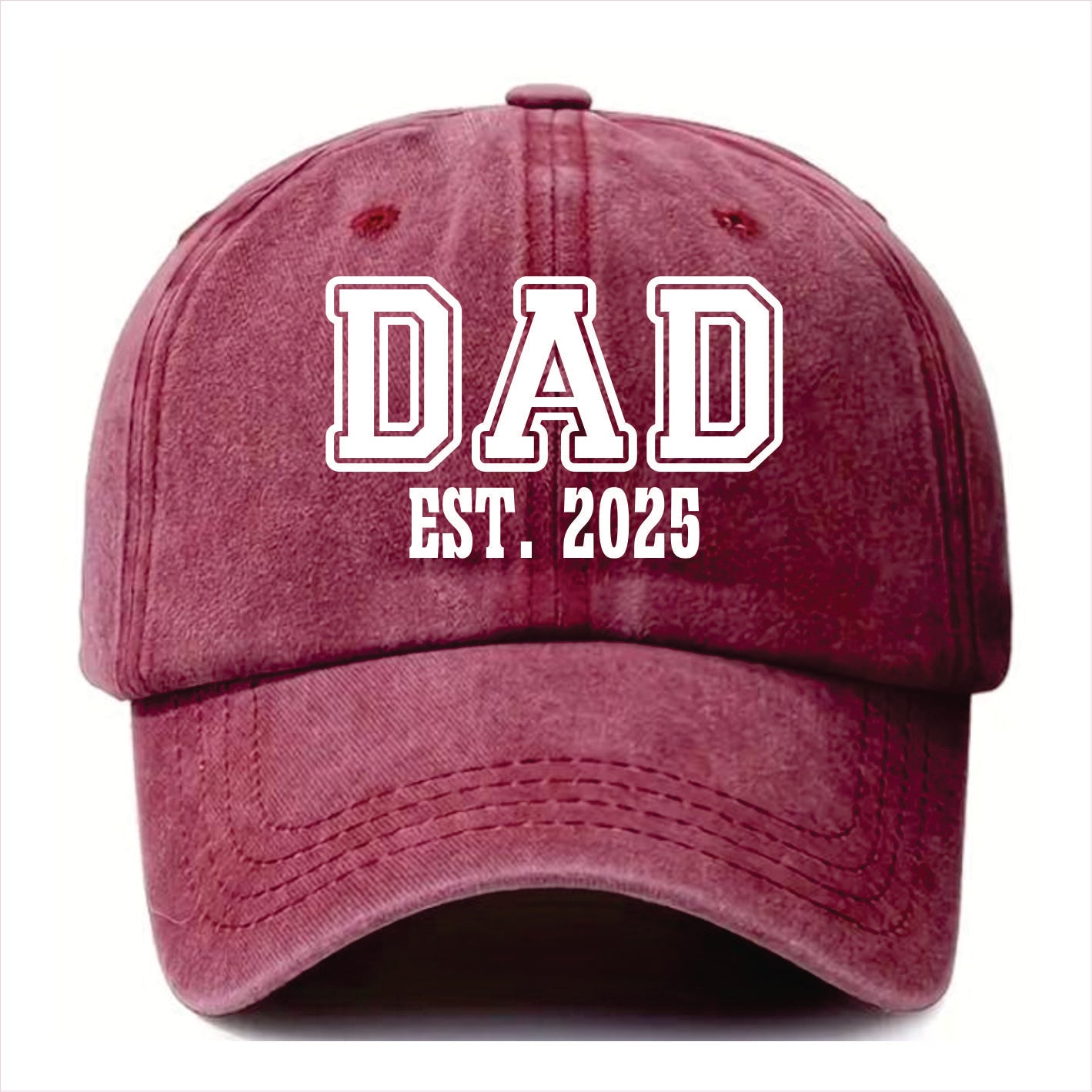 Burgundy cap with 'DAD EST. 2025' text on a white background