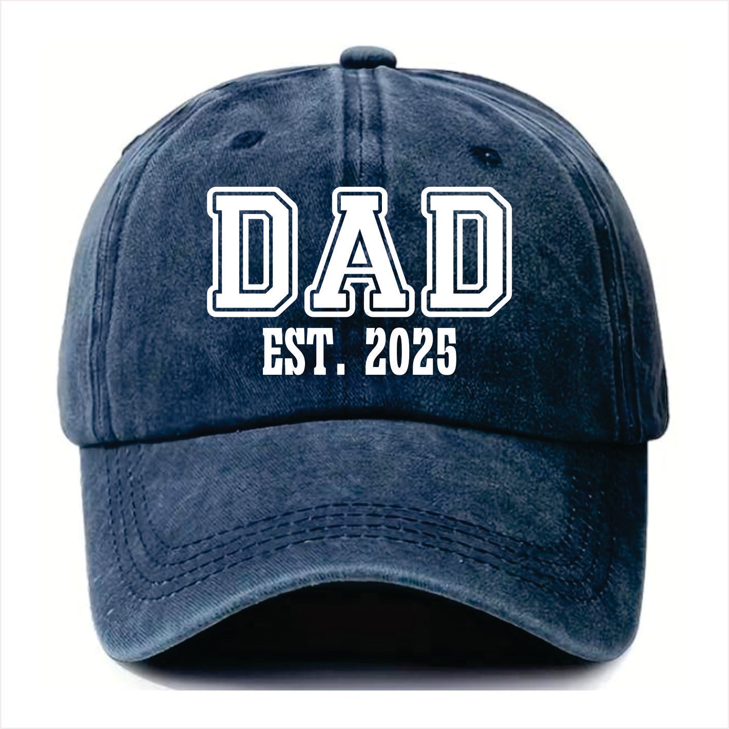 Blue cap with 'DAD EST. 2025' text on a white background