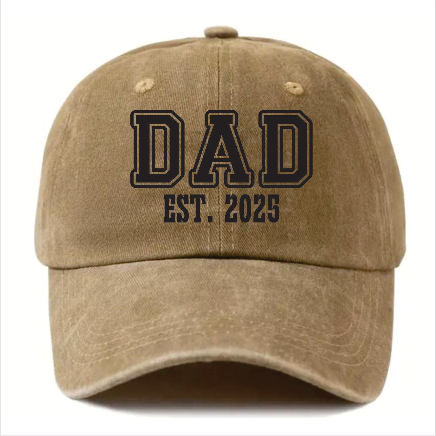 Khaki cap with 'DAD EST. 2025' text on a white background