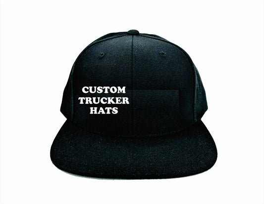 Black Flat Brim Snapback Hat with a custom Text in white vinyl