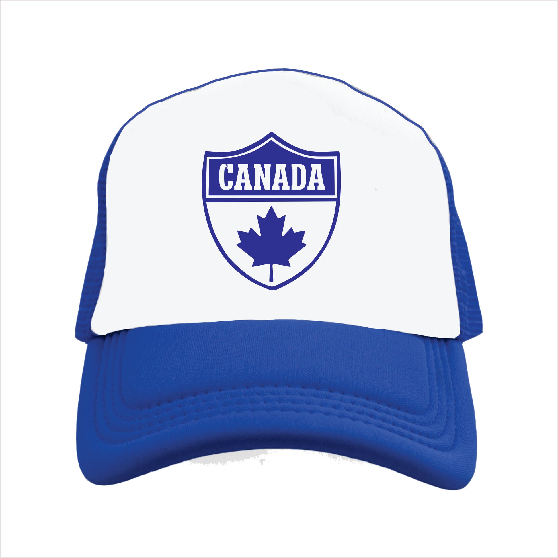 Blue and white trucker hat cap with the text 'Canada'.