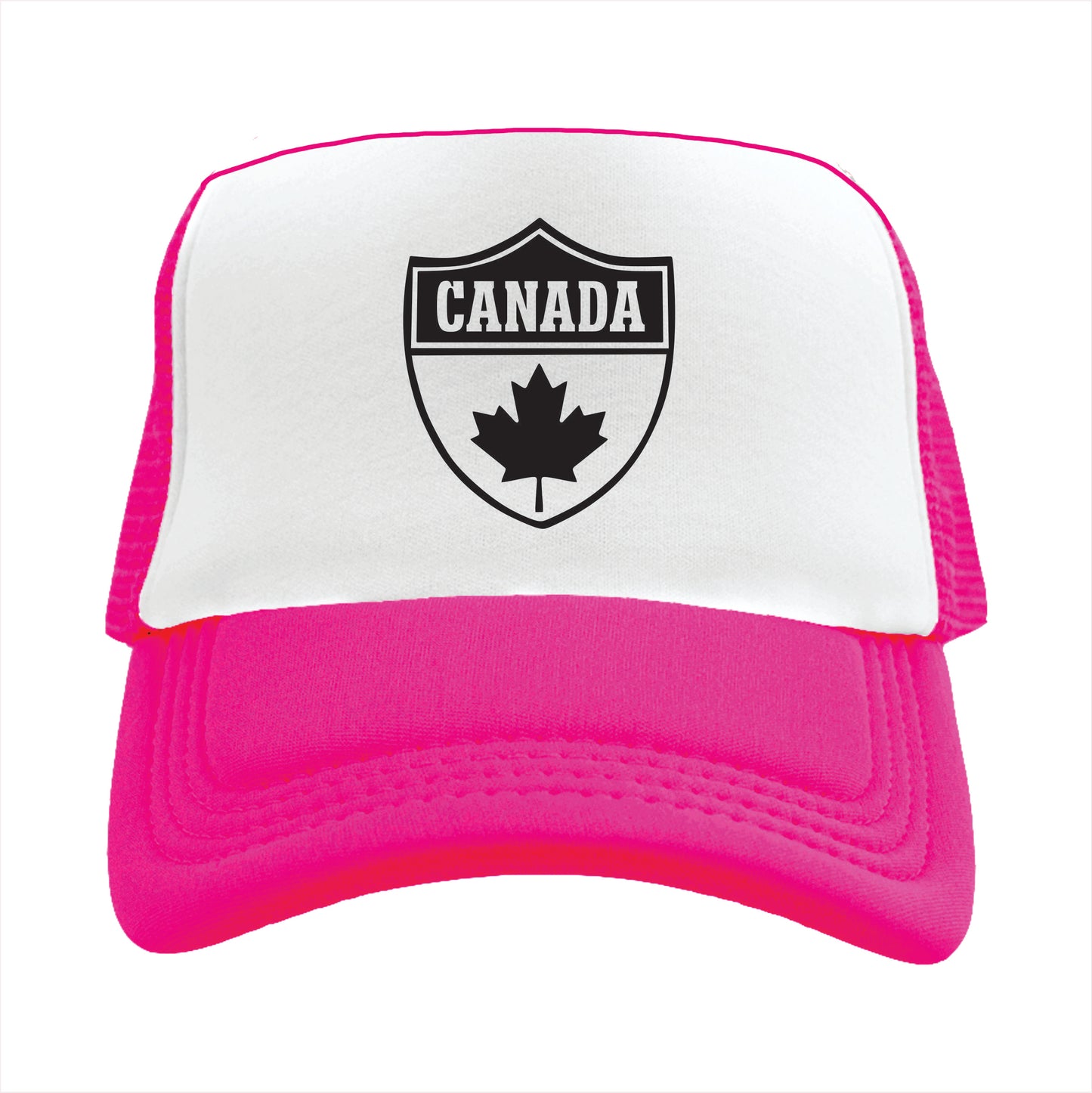 Pink and white trucker hat cap with the text 'Canada'.