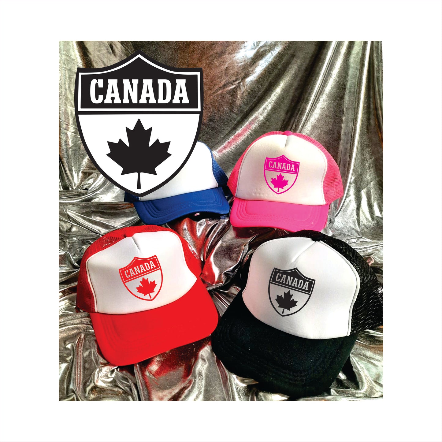 A collection of trucker hats with a Canada maple leaf design, displayed in red, white, blue, and black colors.