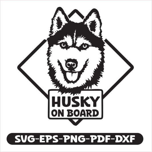 "Husky on board" cutting file, perfect for creating personalized decals, signs, and gifts. Available in SVG, EPS, PNG, PDF, and DXF formats, it ensures compatibility with most cutting machines and design software.