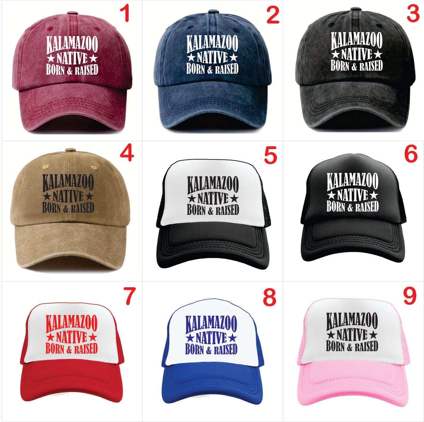 Nine baseball caps with 'Kalamazoo Native Born & Raised' text in various colors on a white background.