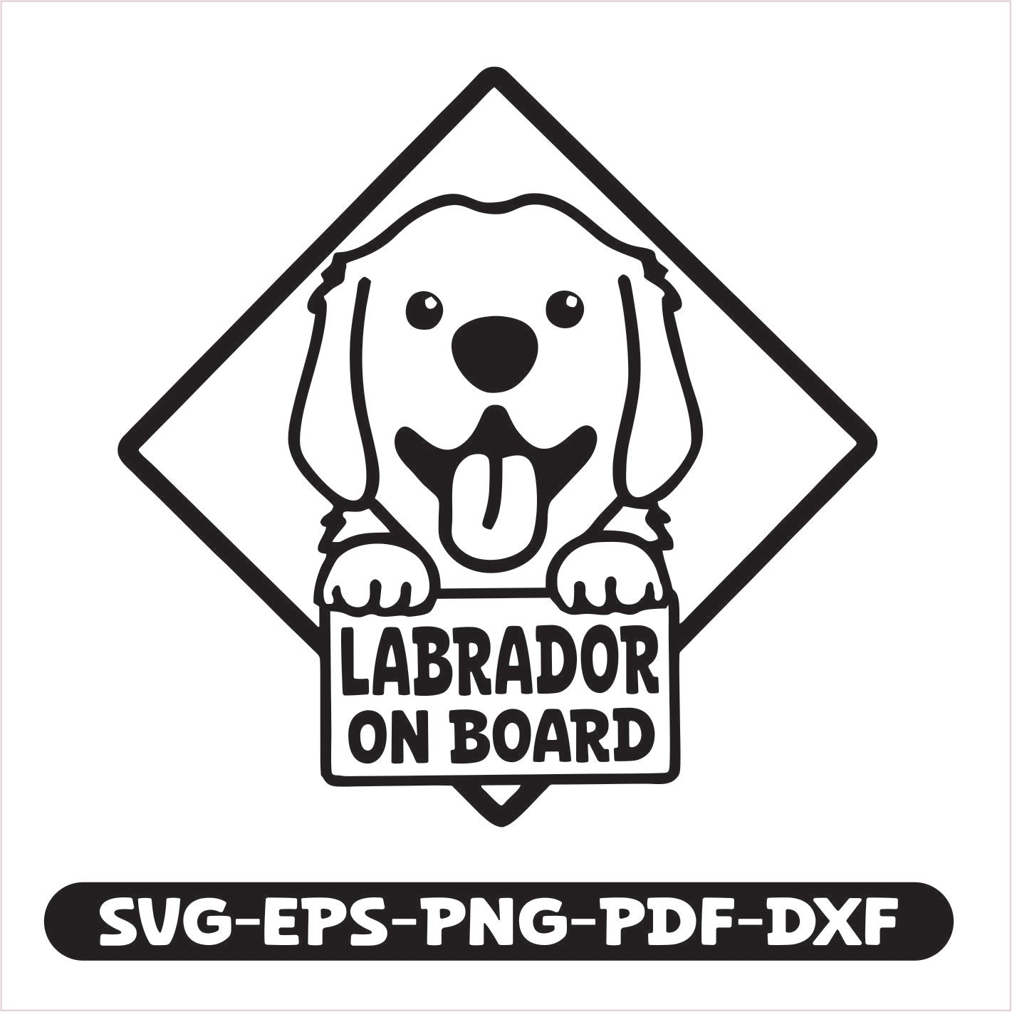 "Labrador on Board" cutting file. Compatible with SVG, EPS, PNG, PDF, and DXF formats, it’s perfect for creating custom decals, signs, and gifts.