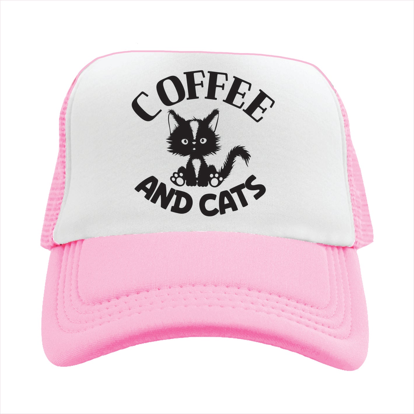 Light pink and white trucker hat cap with black cat graphic and 'Coffee and Cats' text on a white background