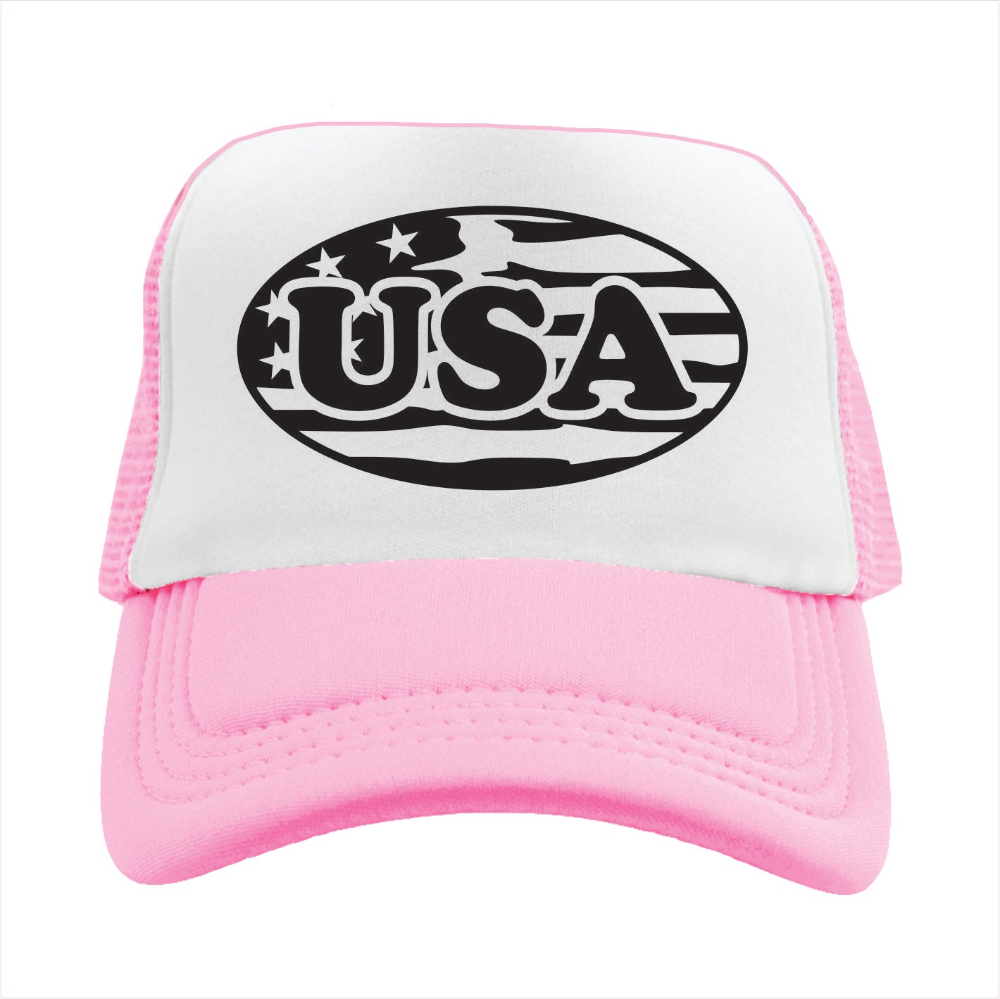Light Pink and white trucker hat cap with 'USA' logo on a white background