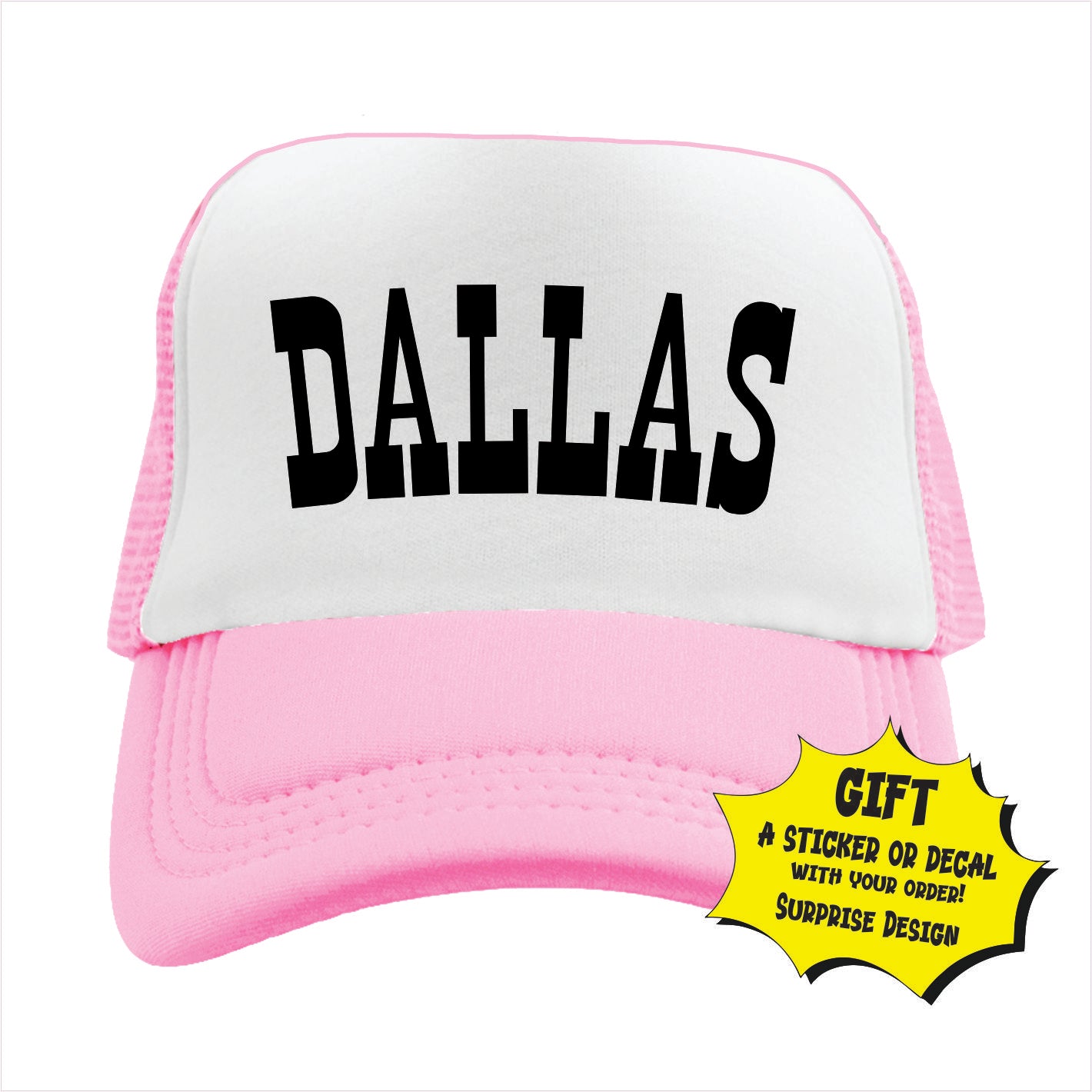 Light pink trucker hat cap with 'DALLAS' written in black on the front.