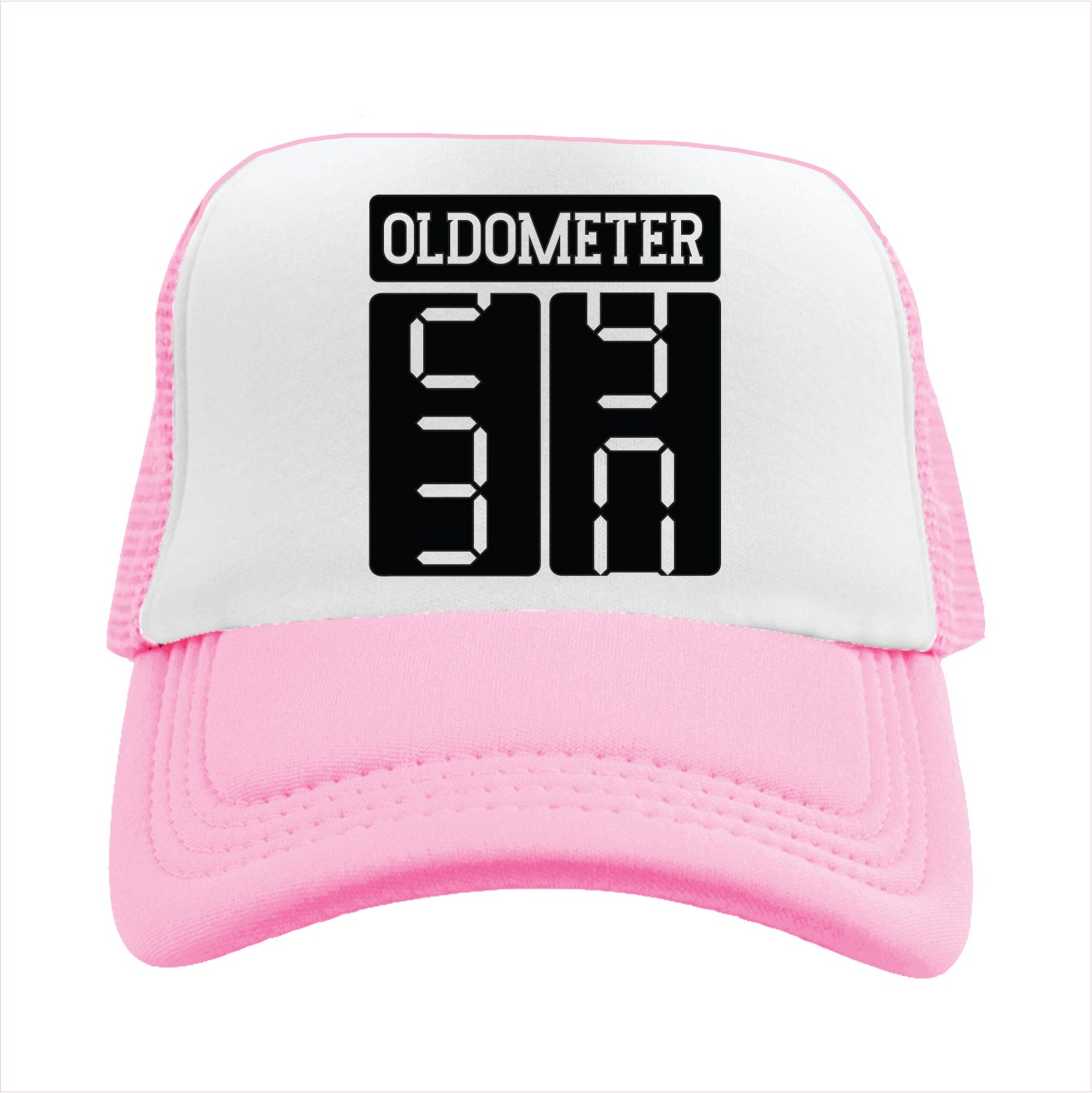 Light pink and white trucker hat cap with 'OLDOMETER' text on a white background