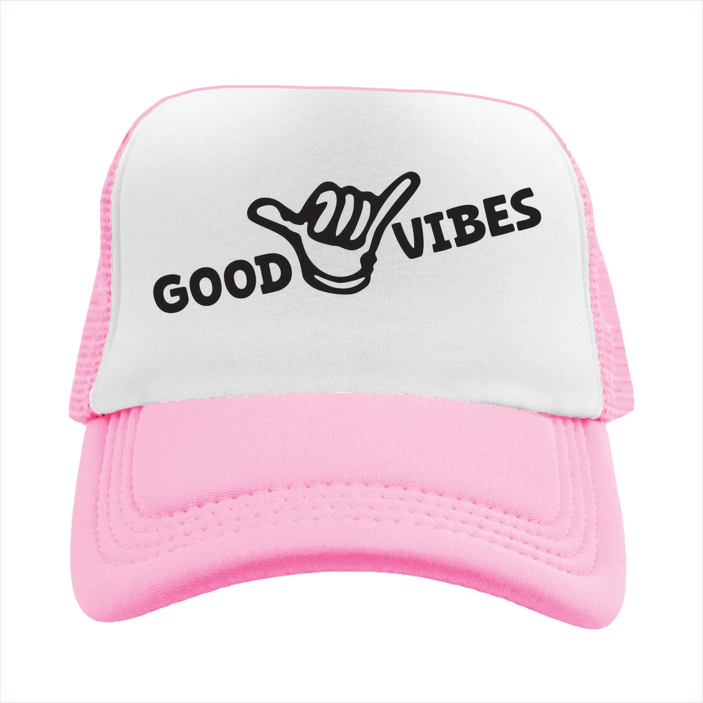 Light Pink and white cap with 'Good Vibes' text and hand symbol on a white background