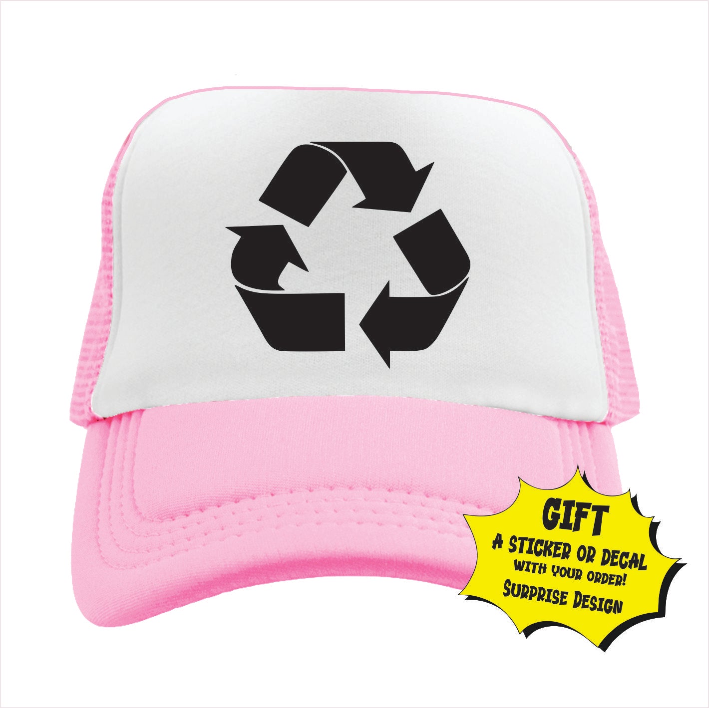 Light pink and white trucker hat cap with a recycle symbol on the front.
