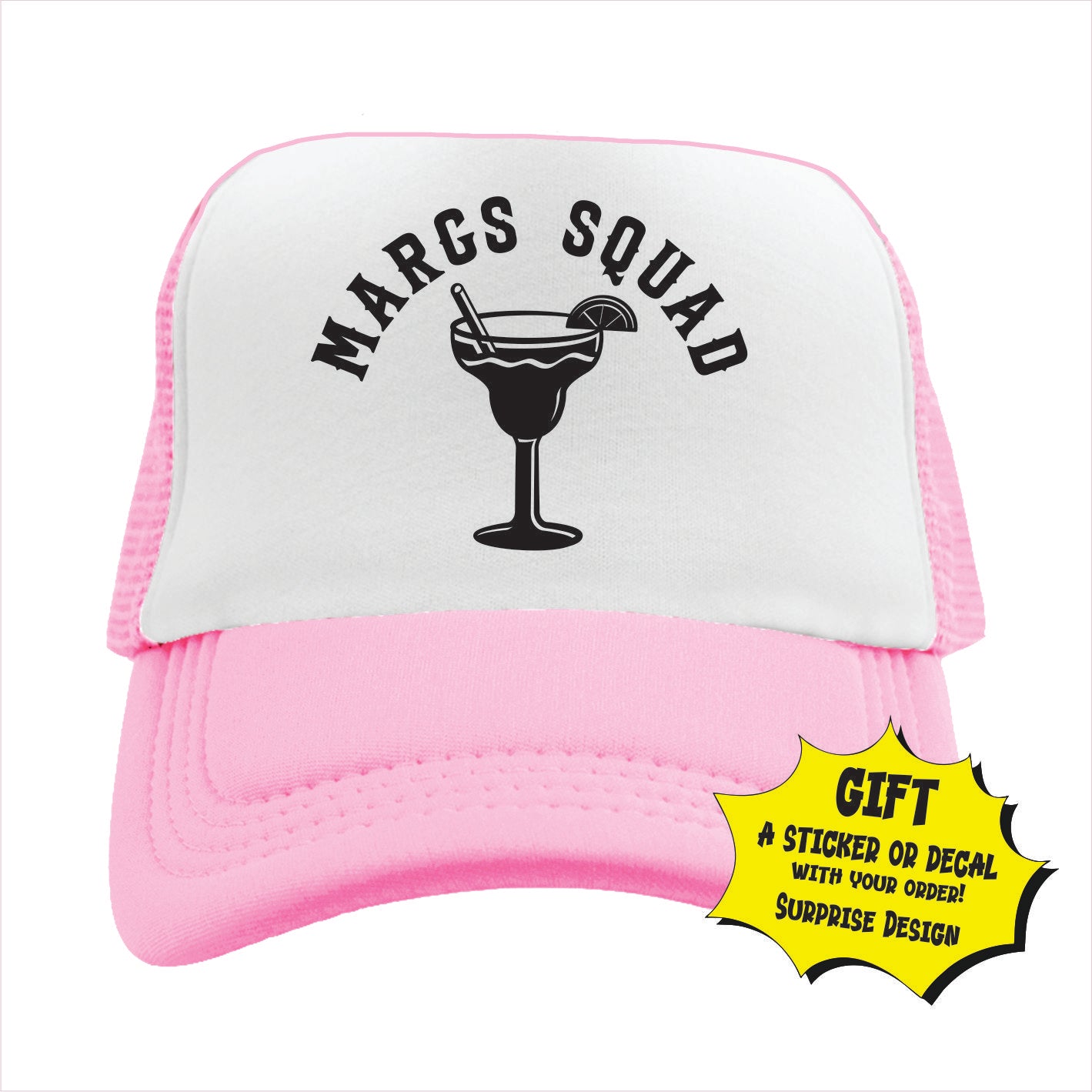 Light Pink and white trucker hat cap with 'Margs Squad' text and margarita graphic.