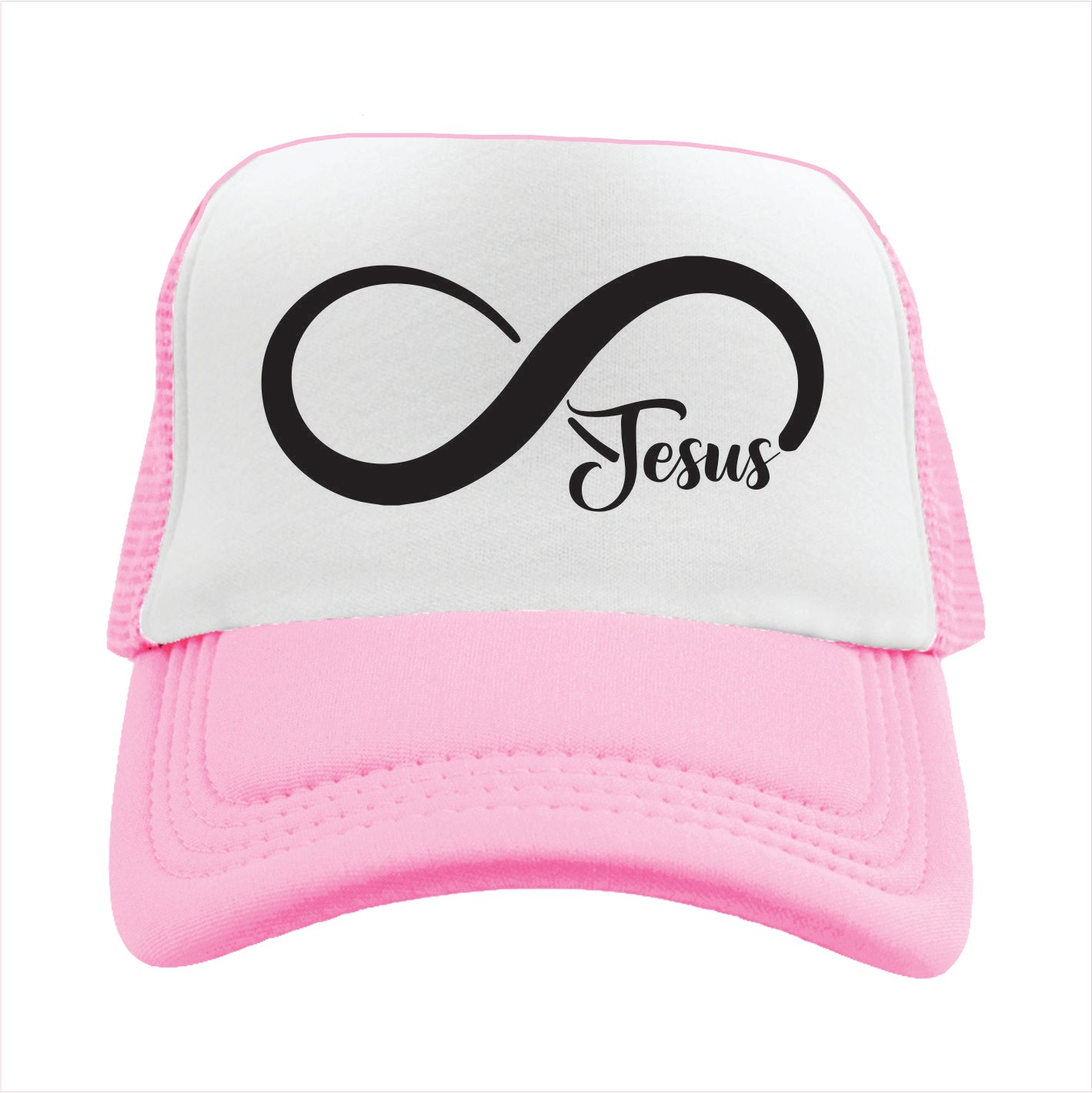 Light pink and white trucker hat cap with infinity symbol and 'Jesus' text on a white background
