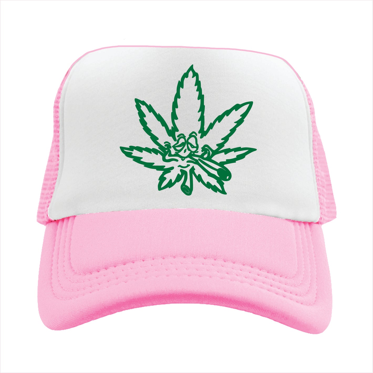 Light pink and white trucker hat cap with green cannabis leaf design on a white background