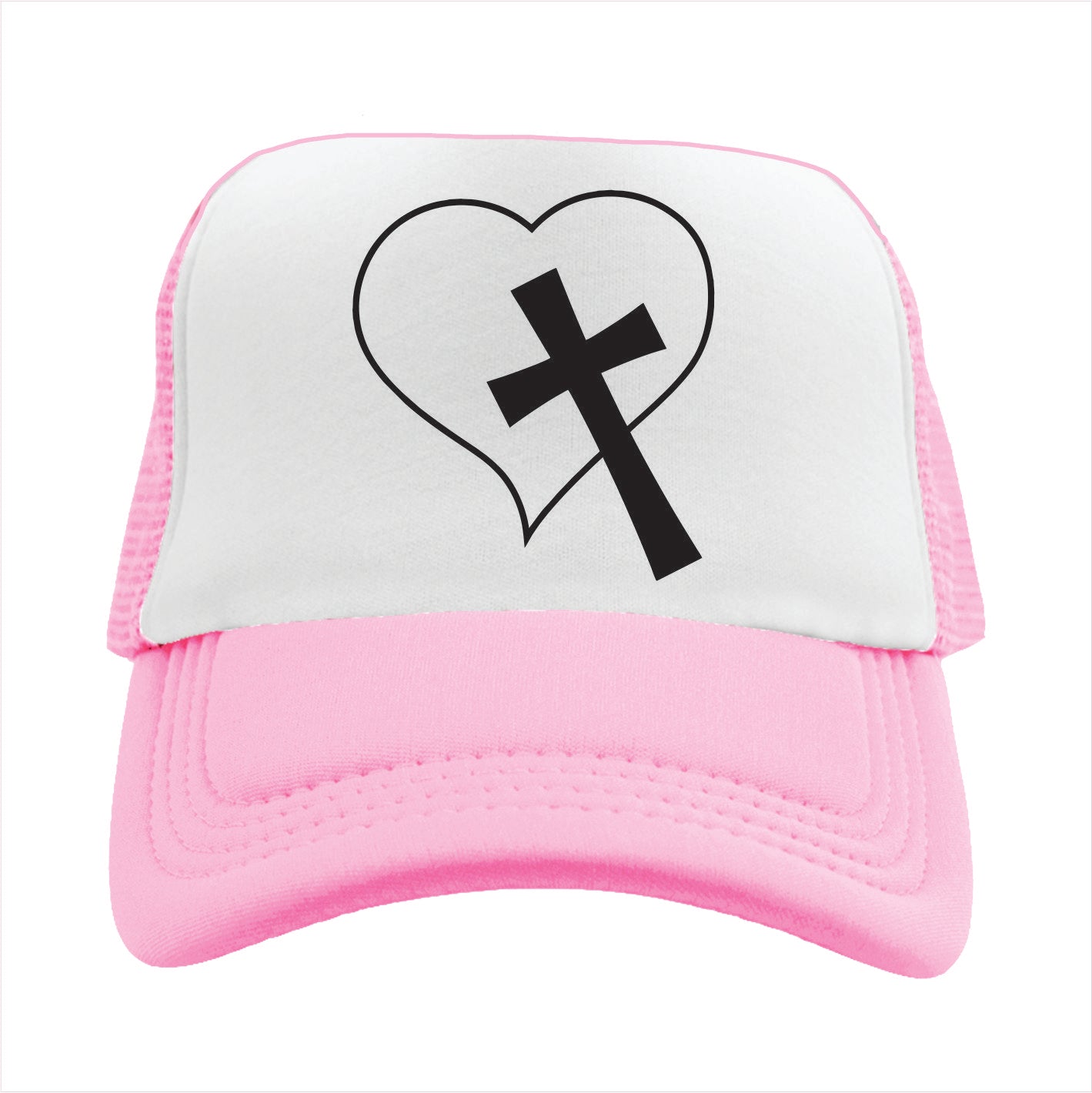 Light pink and white trucker hat cap with a heart and cross design on a white background