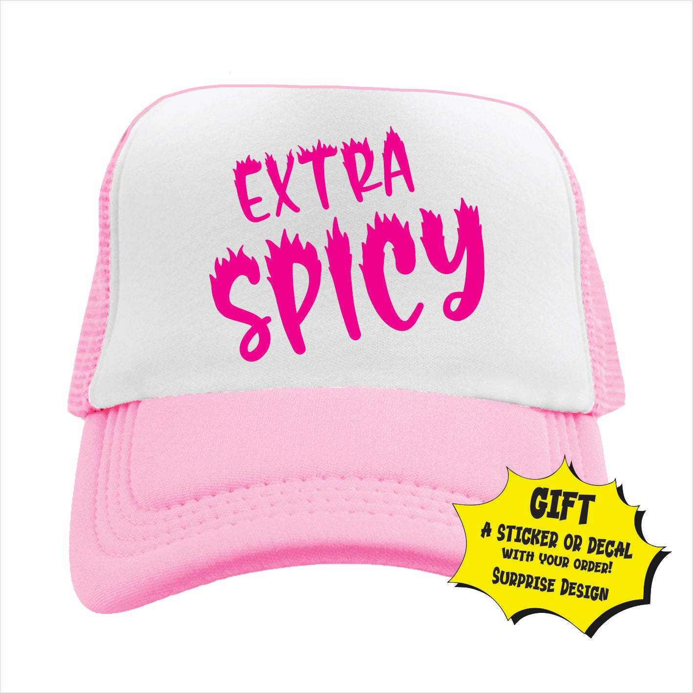 Light Pink and white trucker hat cap with 'EXTRA SPICY' written in bold, pink letters on the front panel