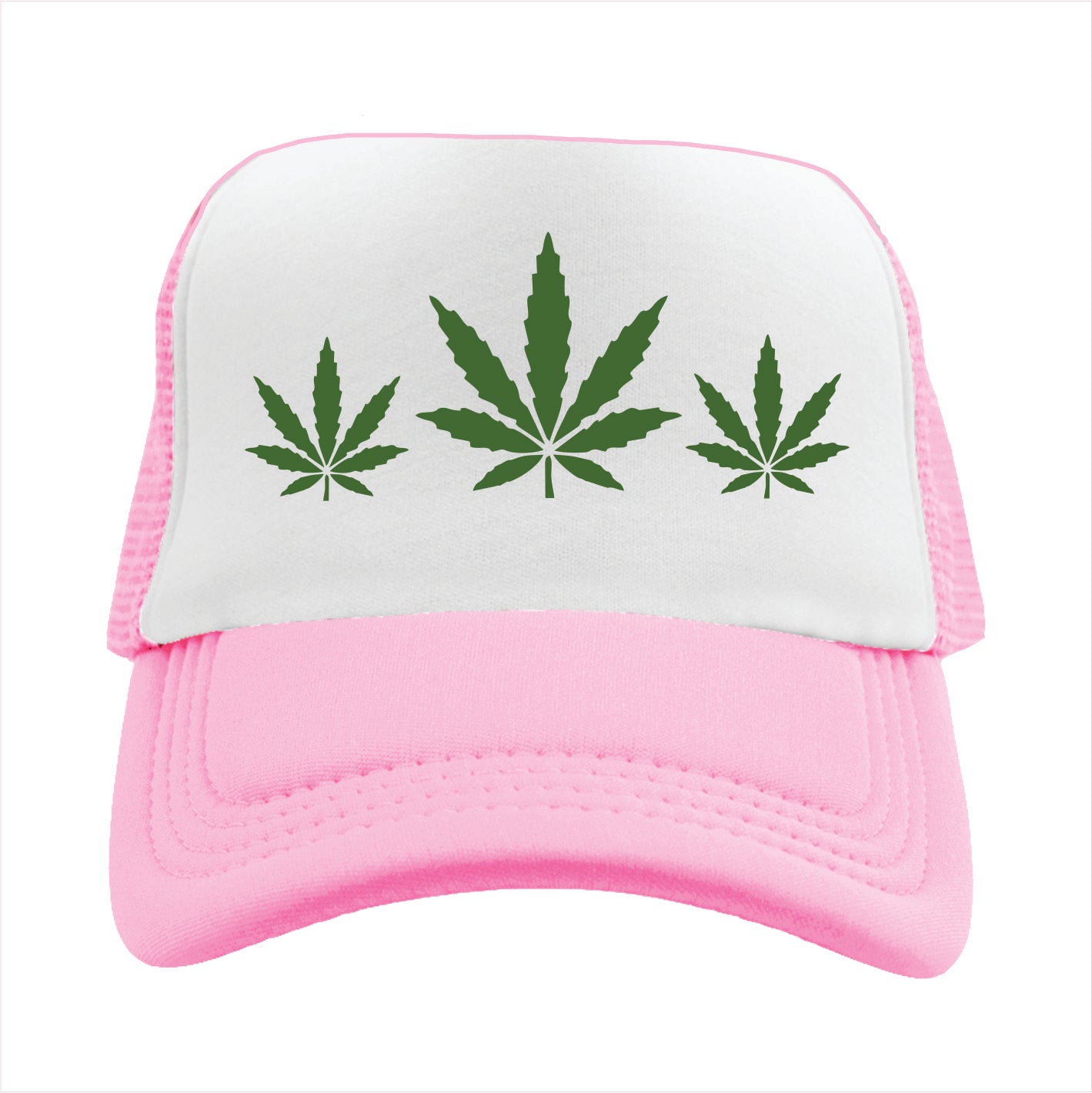 Light pink and white trucker hat cap with green cannabis leaf designs on a white background