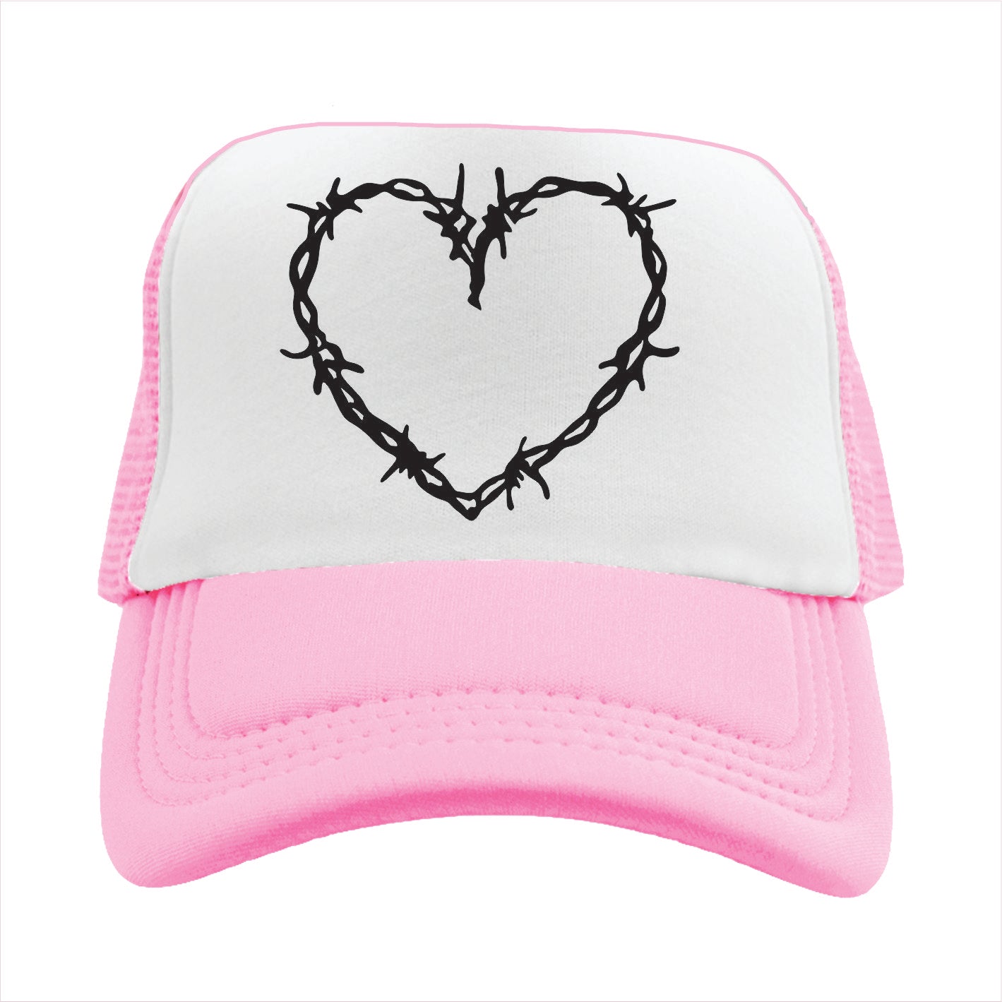 Light pink and white trucker hat cap with a black heart design on a white background