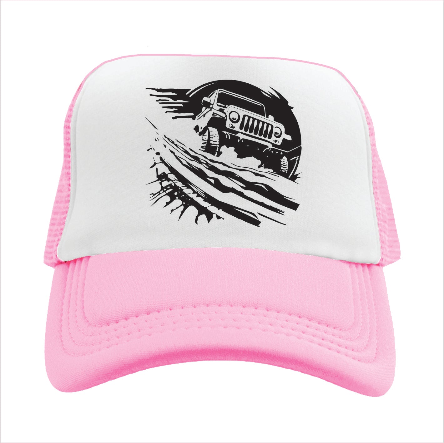 Light pink and white trucker hat cap graphic of a Jeep on a white background
