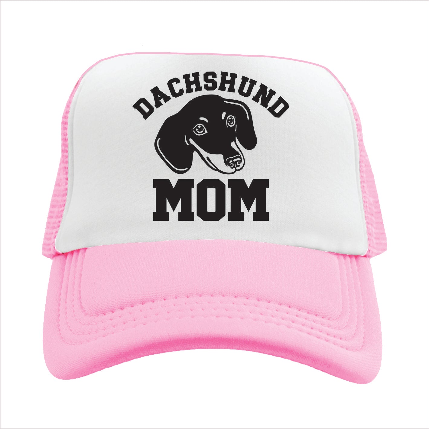 Light pink and white trucker hat cap with 'Dachshund Mom' text and dachshund graphic on a white background
