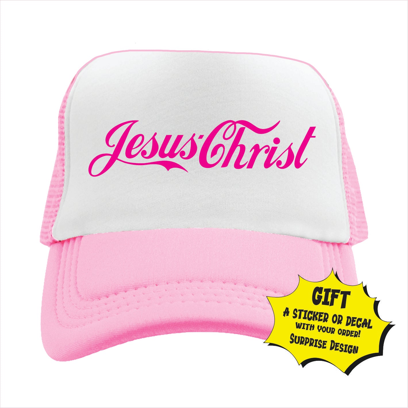 Light pink and white trucker hat cap with 'Jesus Christ' text on the front