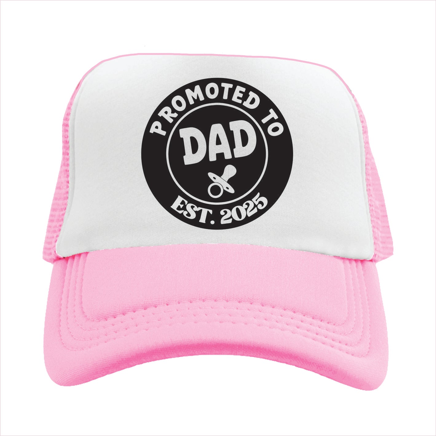 Pink and white trucker hat cap with 'Promoted to Dad Est. 2023' text on a white background