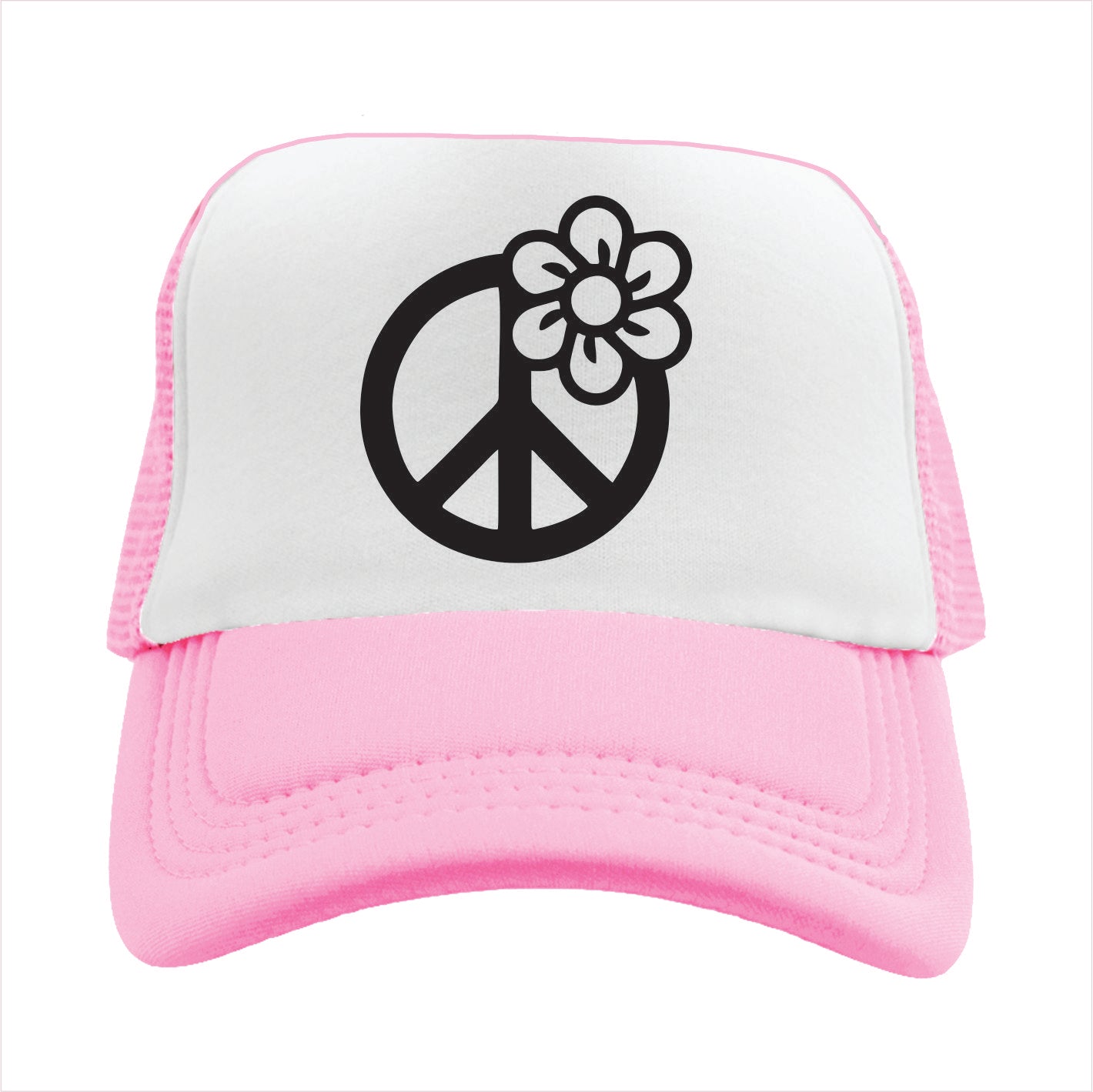 Light pink and white trucker hat cap with peace symbol and flower design on a white background