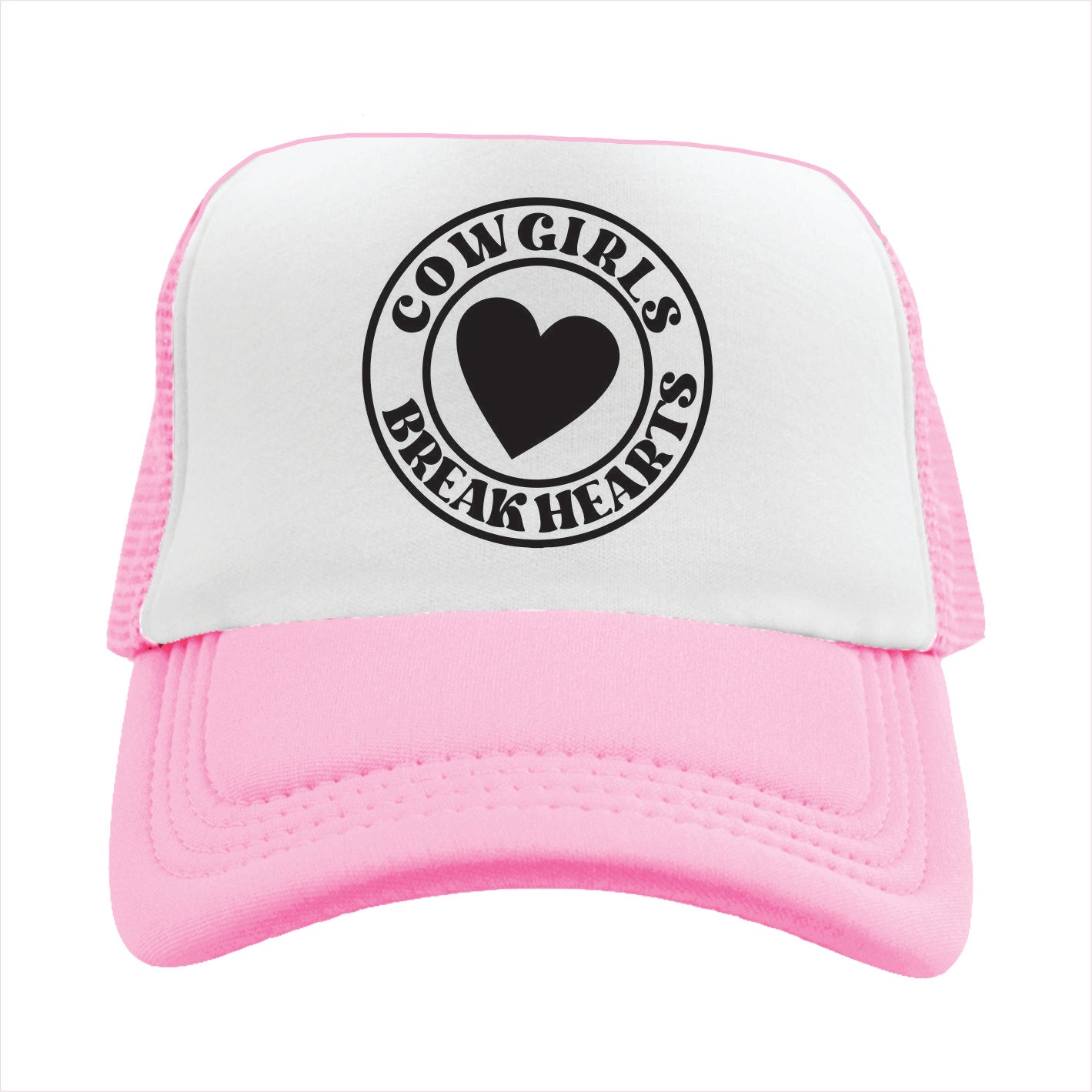 Light Pink and white trucker hat cap with 'COWGIRLS BREAK HEARTS' text and a heart symbol printed on the front.