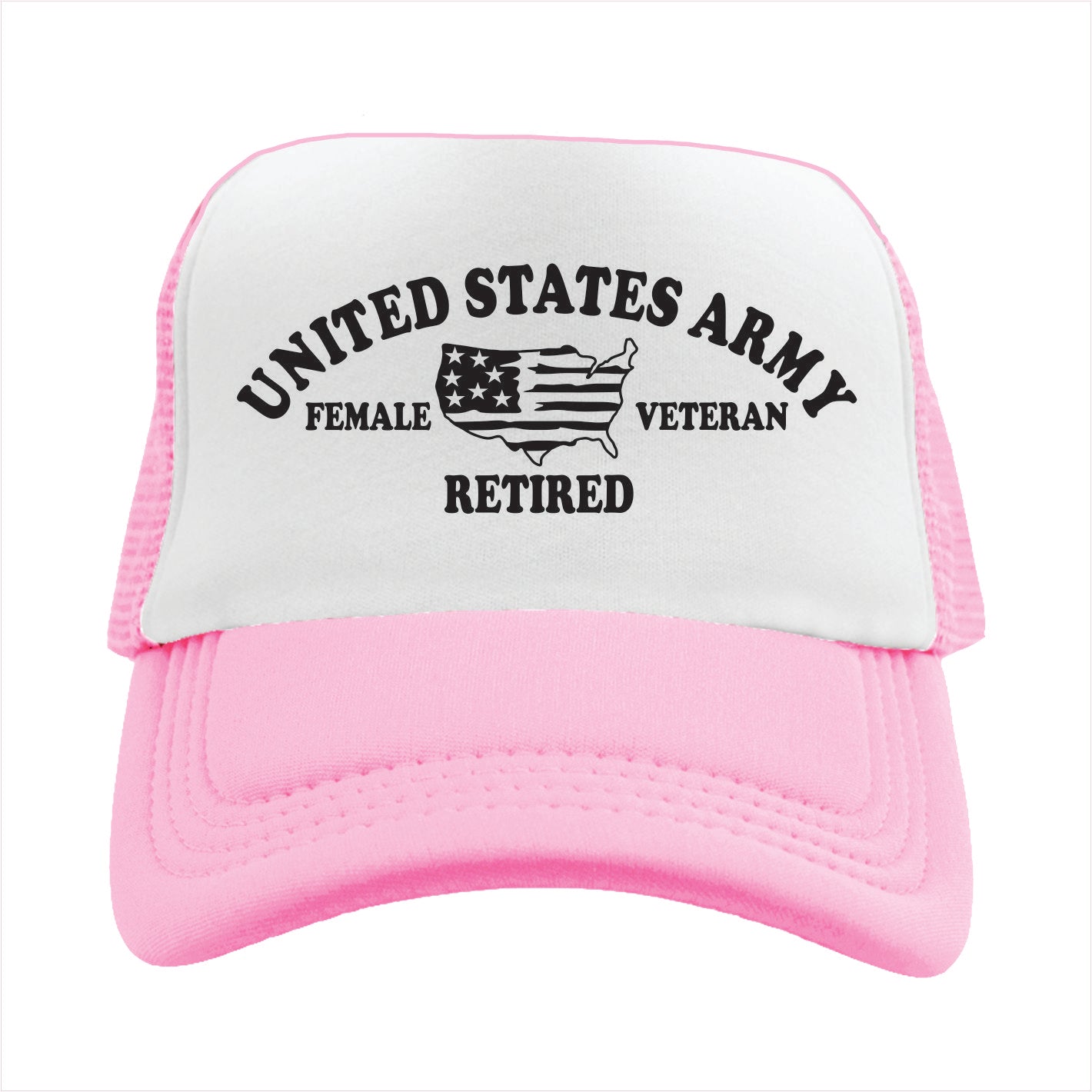 Light Pink and white trucker hat cap with 'United States Army Female Veteran Retired' text on a white background