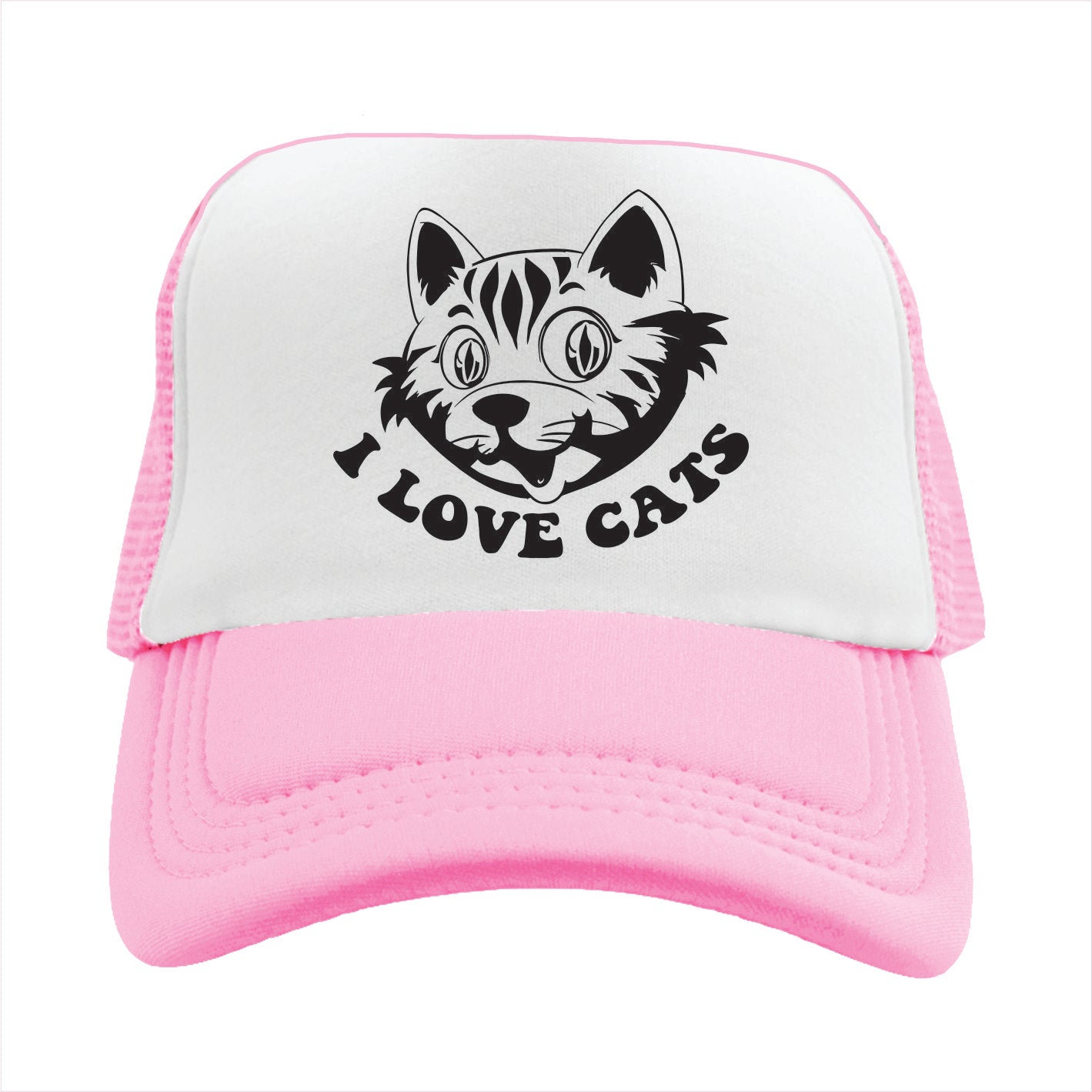 Light pink and white trucker hat cap with a cat illustration and 'I Love Cats' text on a white background