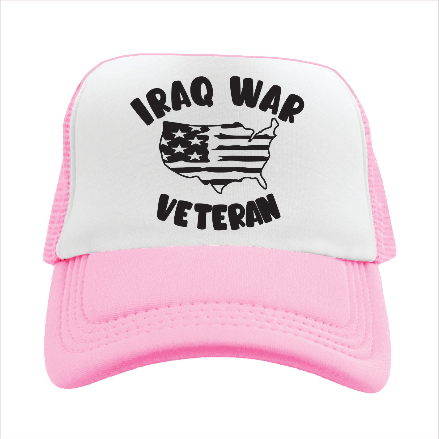 Light Pink and white trucker hat cap with 'Iraq War Veteran' text and American flag design on a white background