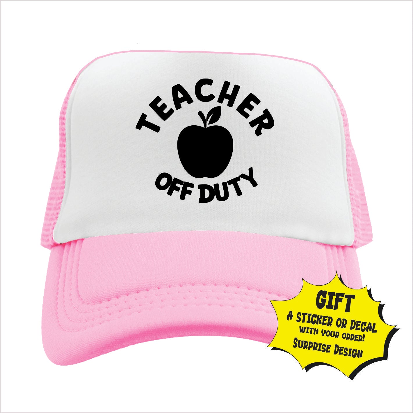 Light pink and white trucker hat cap with 'TEACHER OFF DUTY' printed on the front.