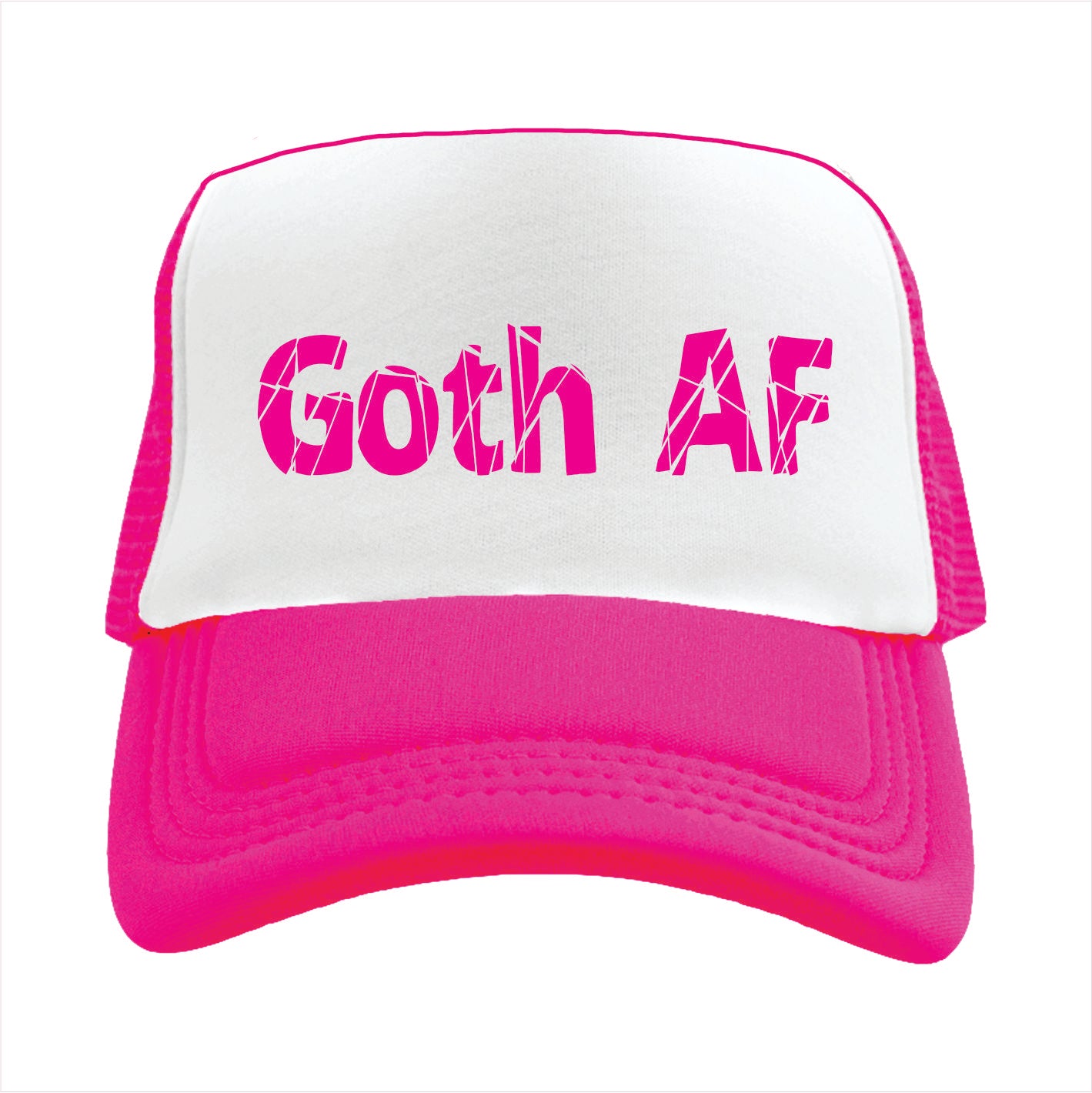 Pink and white cap with 'Goth AF' text on a white background