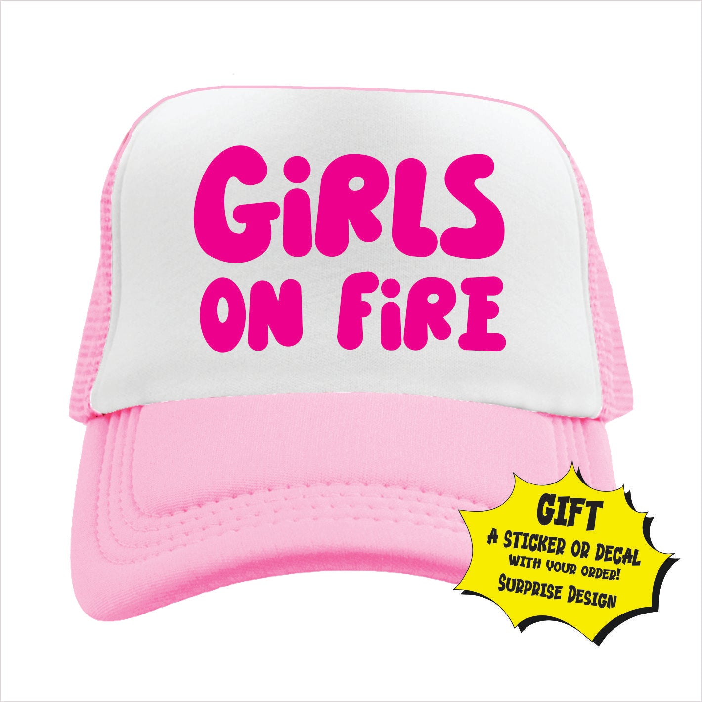 Light Pink and white trucker hat cap with 'GIRLS ON FIRE' text in capital letters on the front.